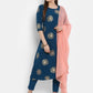 Janasya Teal Poly Crepe Gold Print Set | Swadesiicart