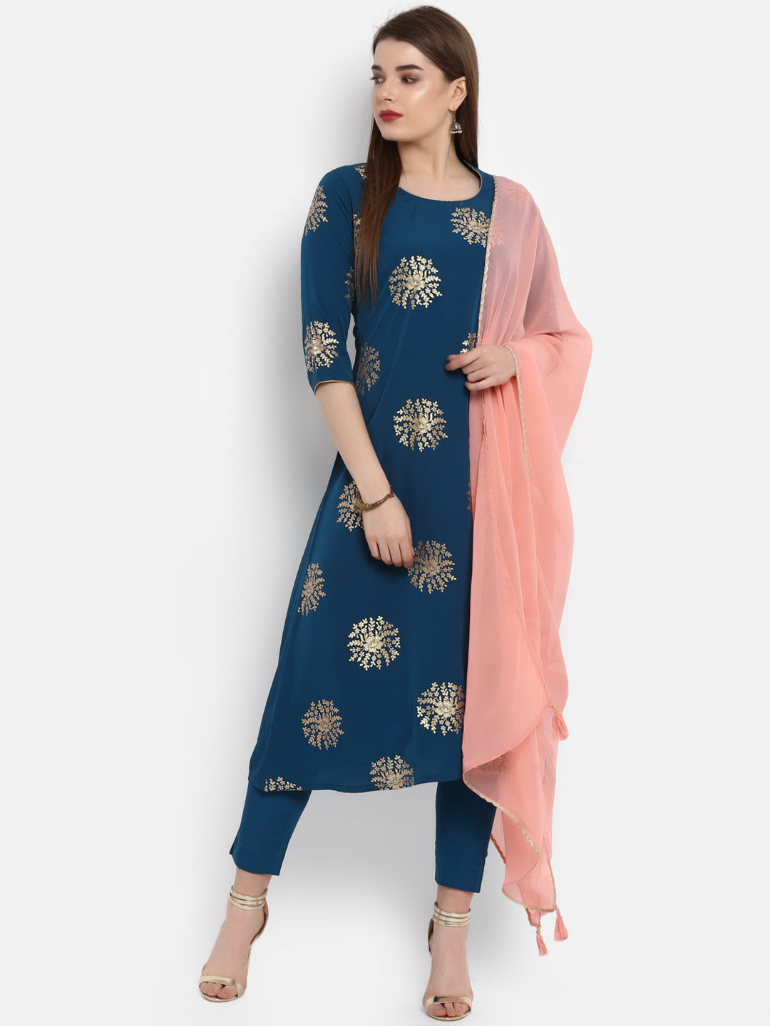 Janasya Teal Poly Crepe Gold Print Set | Swadesiicart