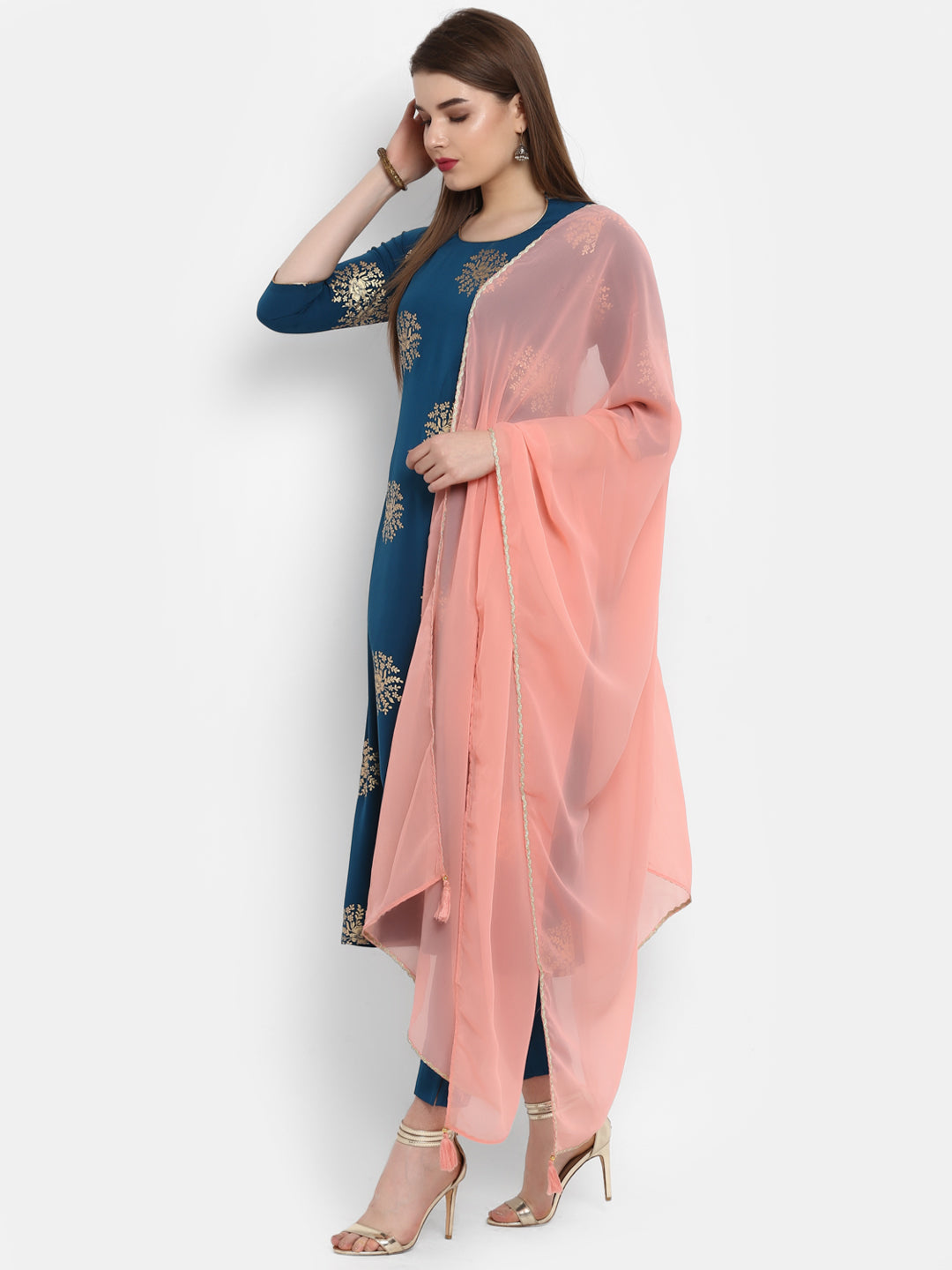 Janasya Teal Poly Crepe Gold Print Set | Swadesiicart