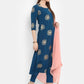 Janasya Teal Poly Crepe Gold Print Set | Swadesiicart