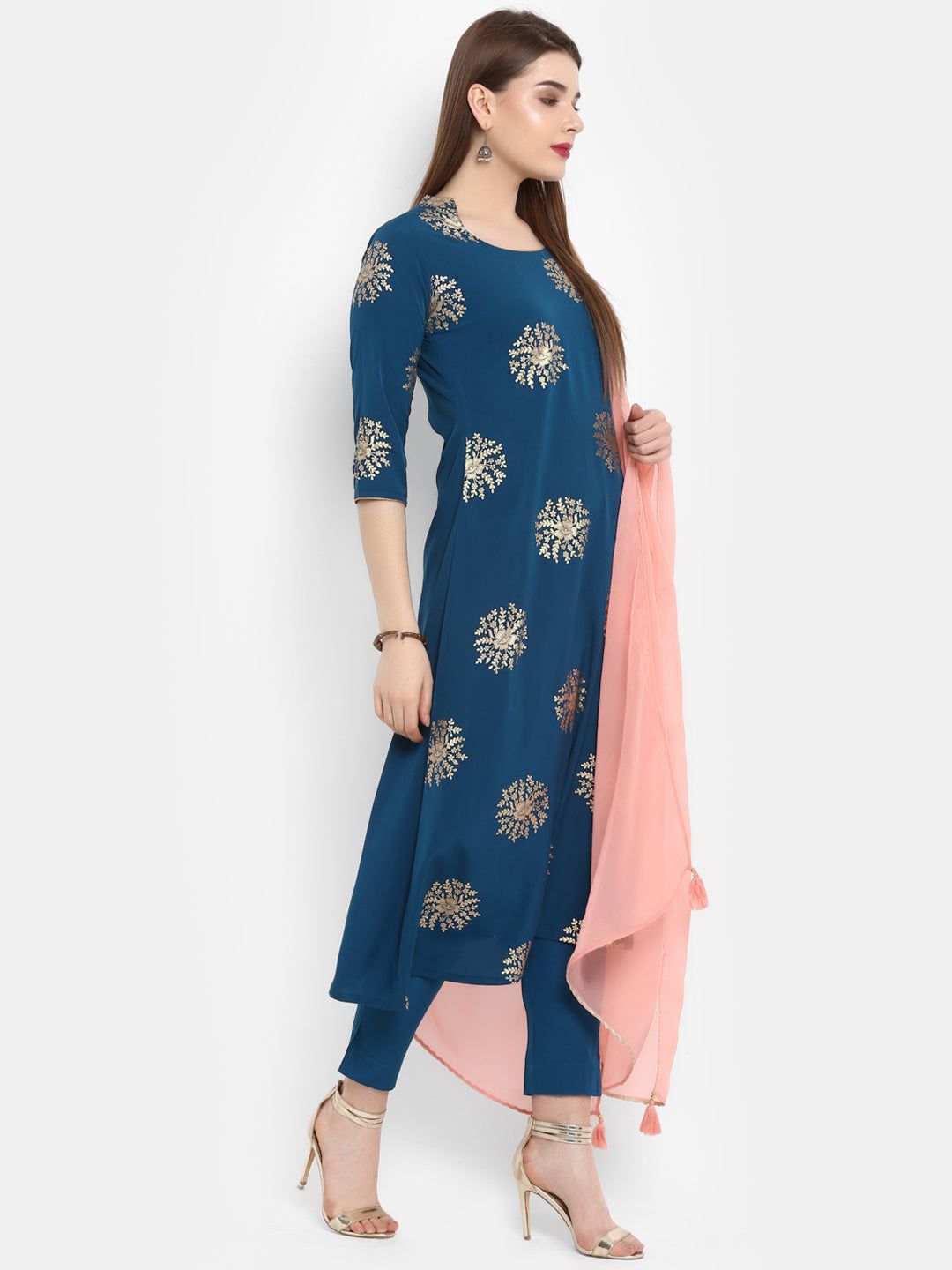 Janasya Teal Poly Crepe Gold Print Set | Swadesiicart