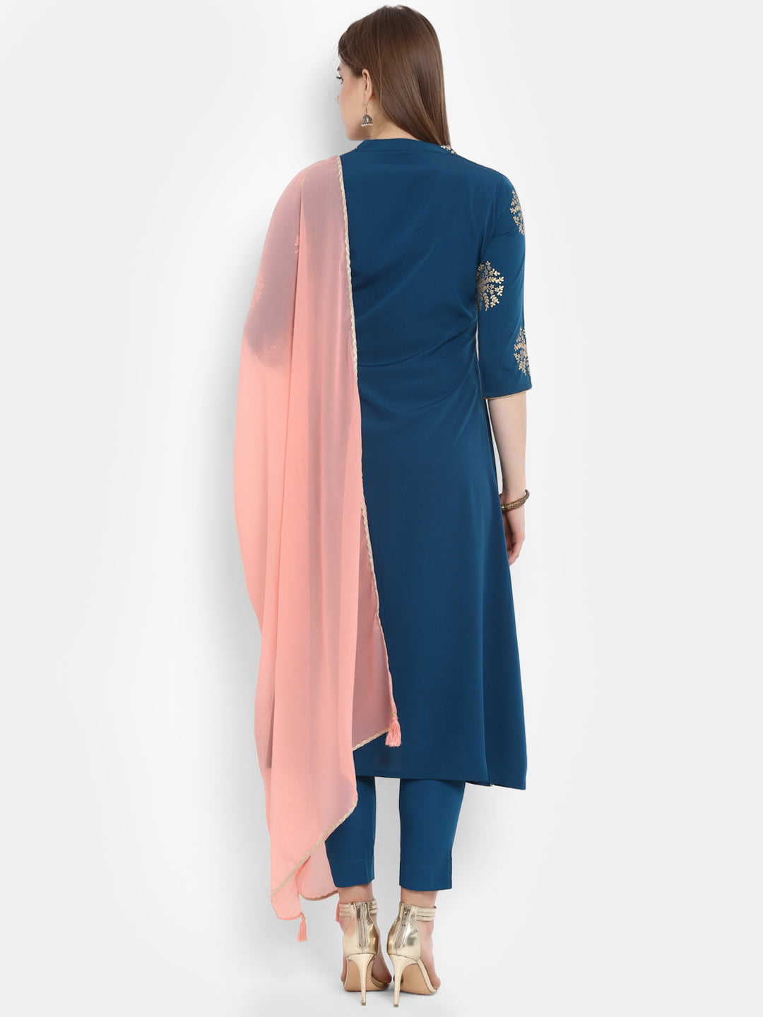 Janasya Teal Poly Crepe Gold Print Set | Swadesiicart