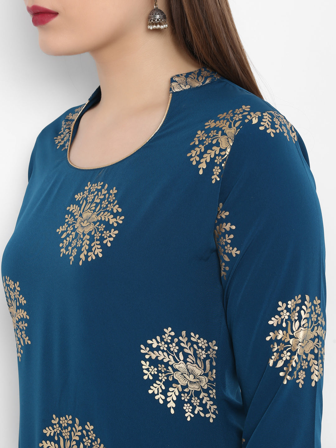Janasya Teal Poly Crepe Gold Print Set | Swadesiicart