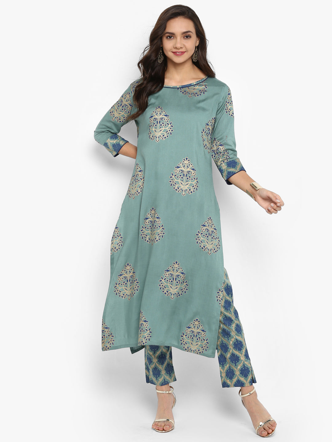 Janasya Turquoise Green Rayon Foil Print Set | Swadesiicart
