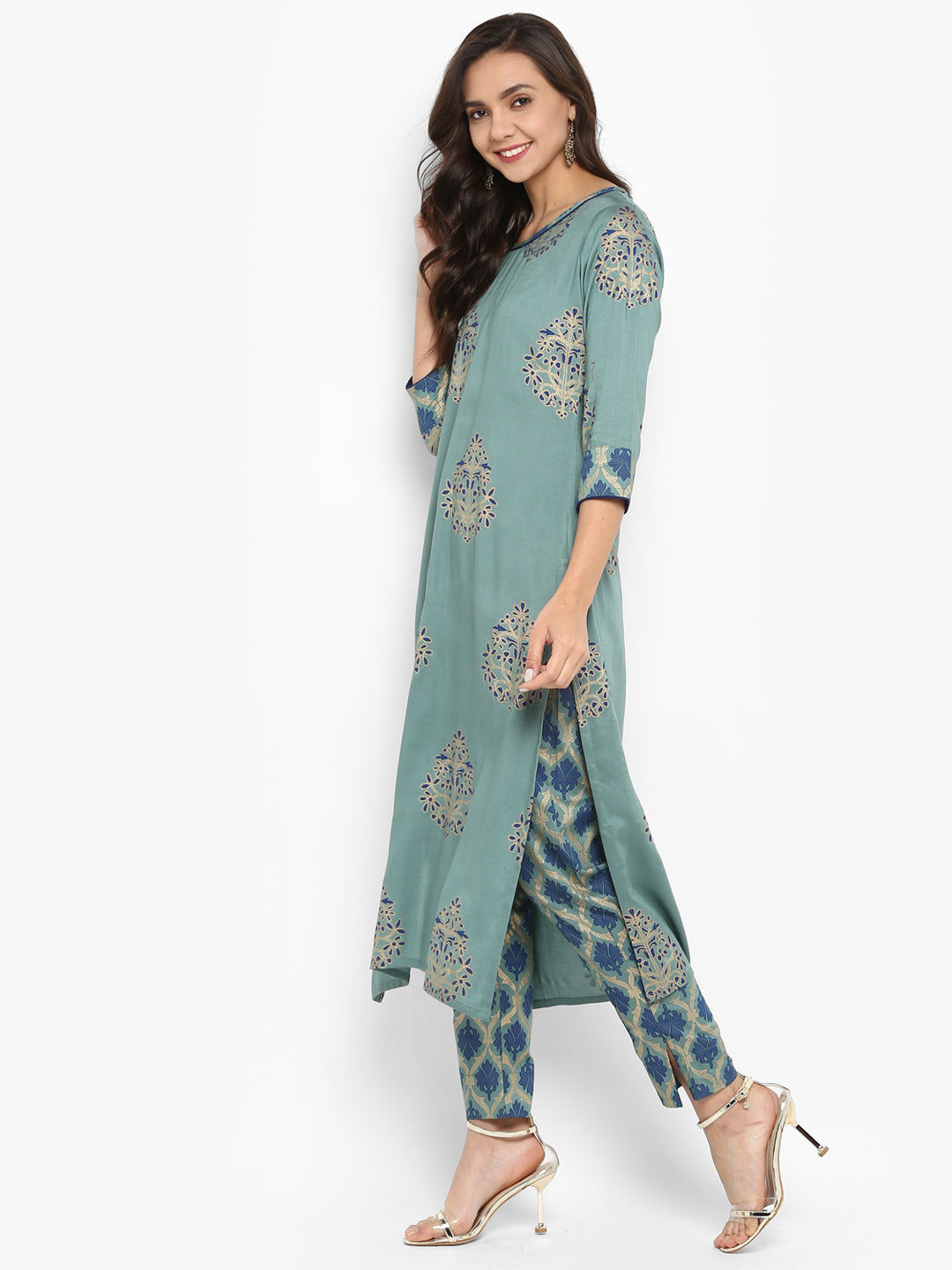 Janasya Turquoise Green Rayon Foil Print Set | Swadesiicart