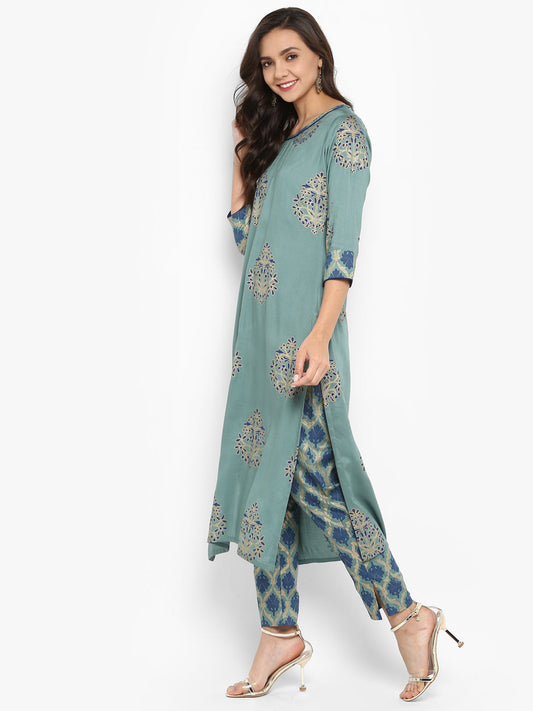 Janasya Turquoise Green Rayon Foil Print Set | Swadesiicart