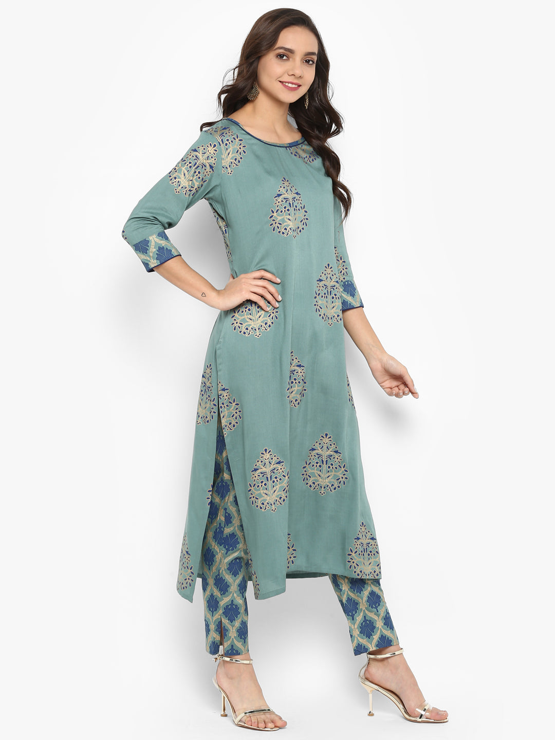 Janasya Turquoise Green Rayon Foil Print Set | Swadesiicart