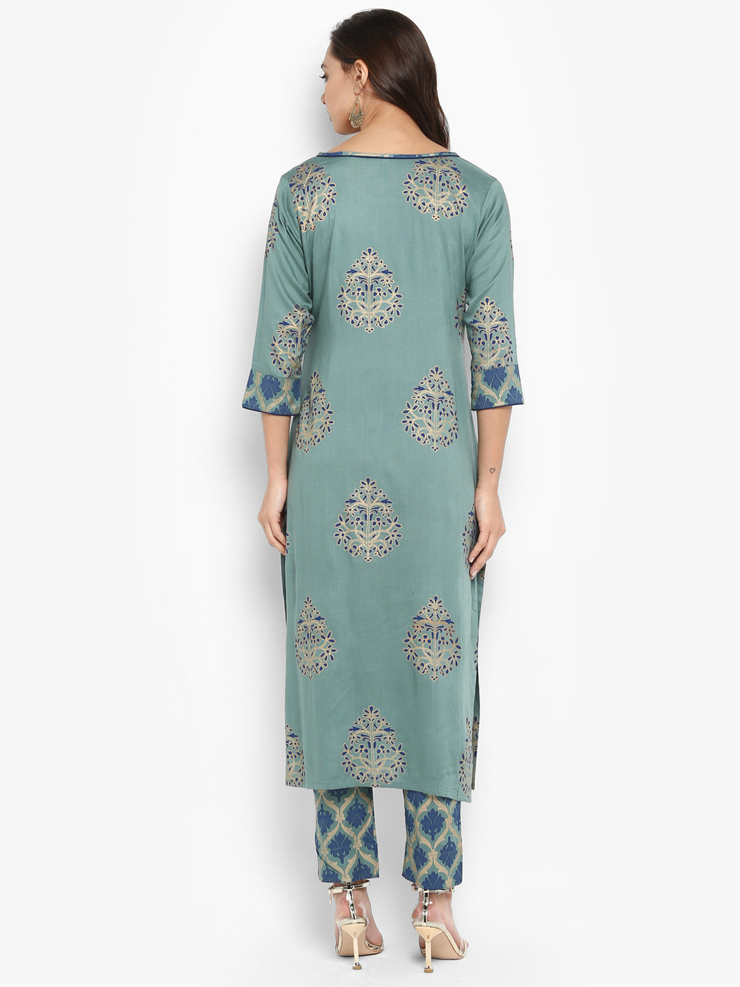 Janasya Turquoise Green Rayon Foil Print Set | Swadesiicart
