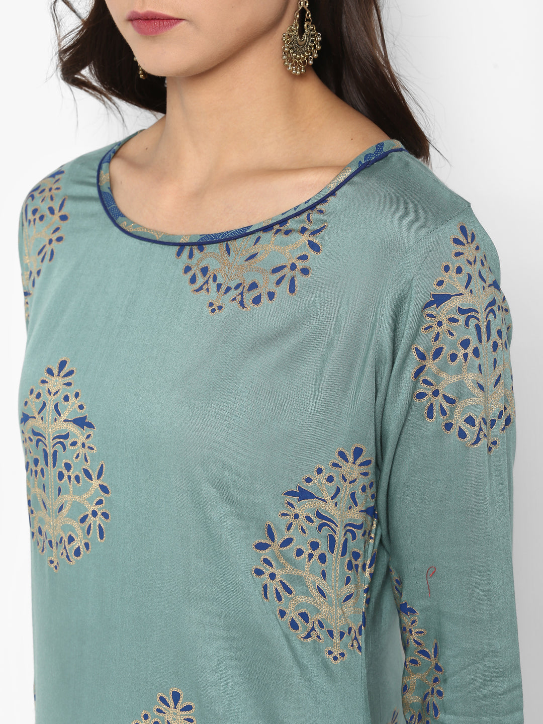 Janasya Turquoise Green Rayon Foil Print Set | Swadesiicart
