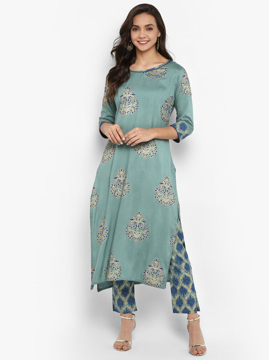 Janasya Turquoise Green Rayon Foil Print Set | Swadesiicart