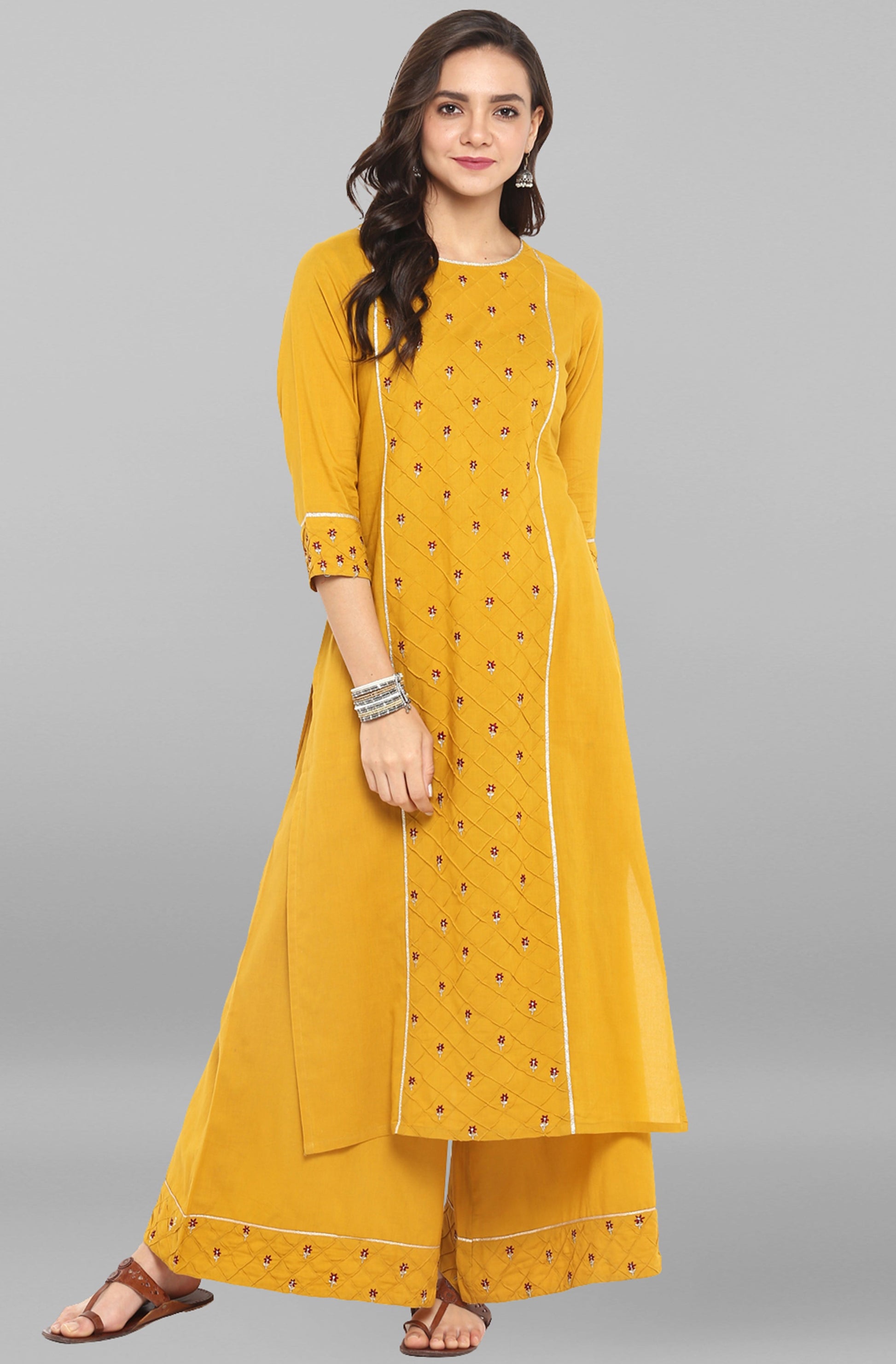 Janasya Women's Mustard Cotton Embroidered Kurta With Palazzo | Swadesiicart