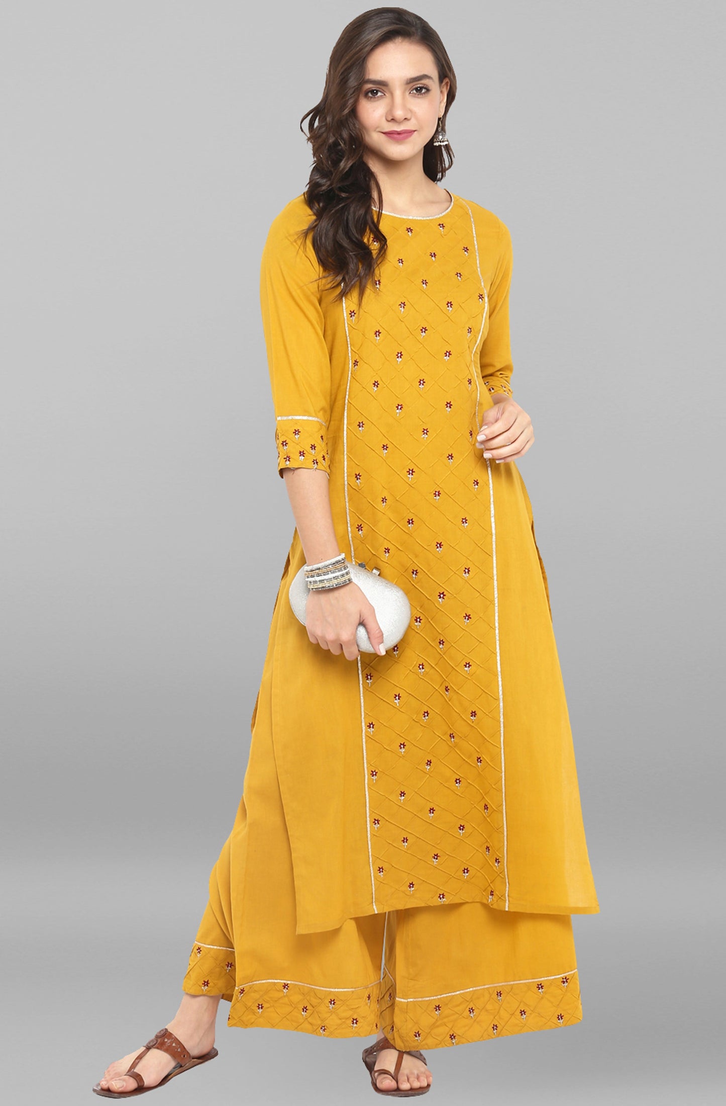 Janasya Women's Mustard Cotton Embroidered Kurta With Palazzo | Swadesiicart
