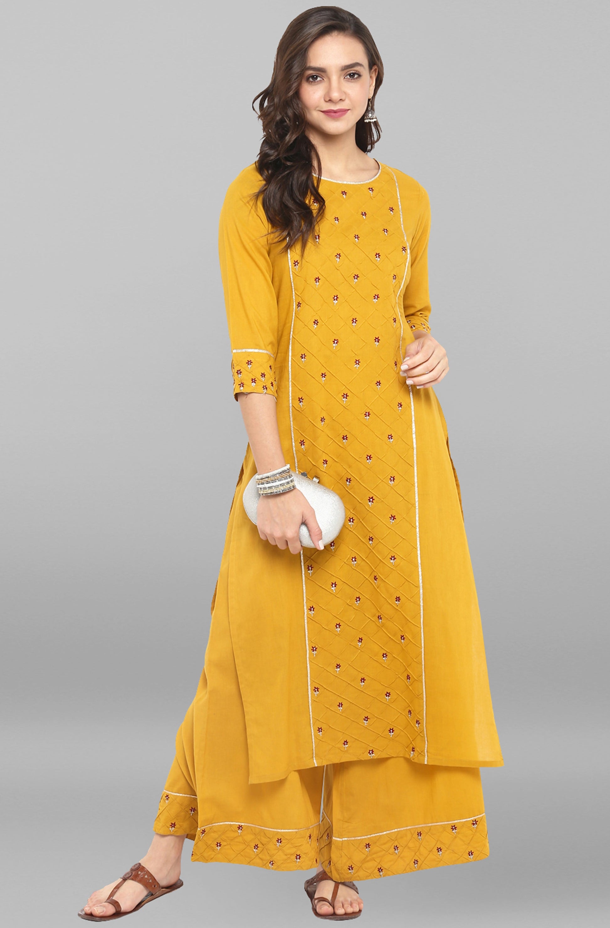 Janasya Women's Mustard Cotton Embroidered Kurta With Palazzo | Swadesiicart