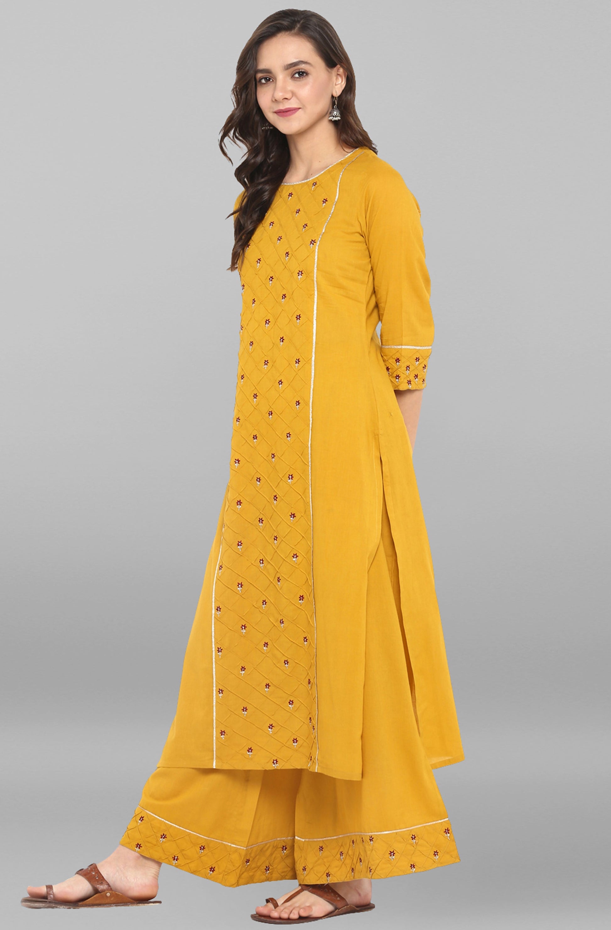 Janasya Women's Mustard Cotton Embroidered Kurta With Palazzo | Swadesiicart