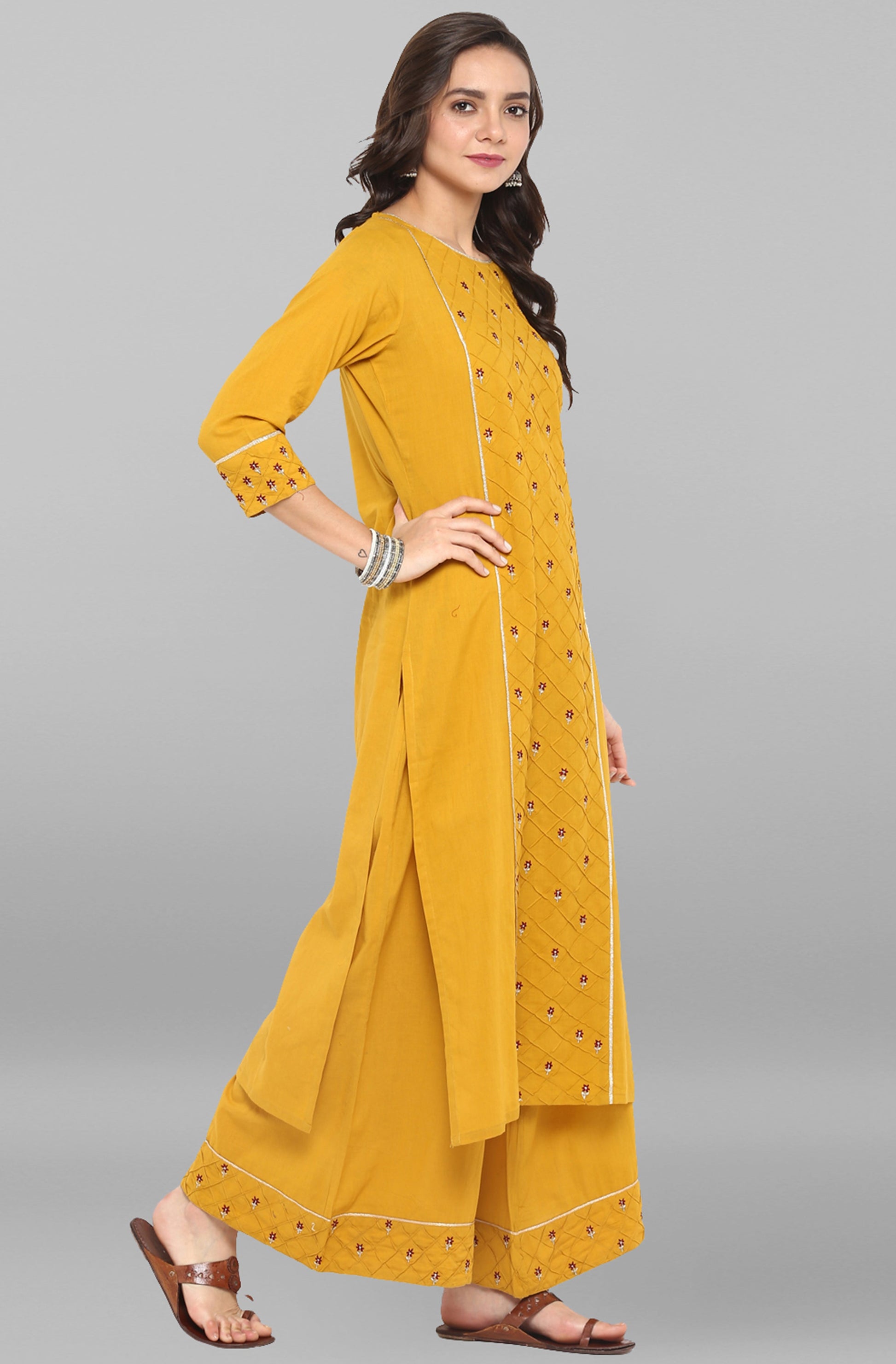Janasya Women's Mustard Cotton Embroidered Kurta With Palazzo | Swadesiicart