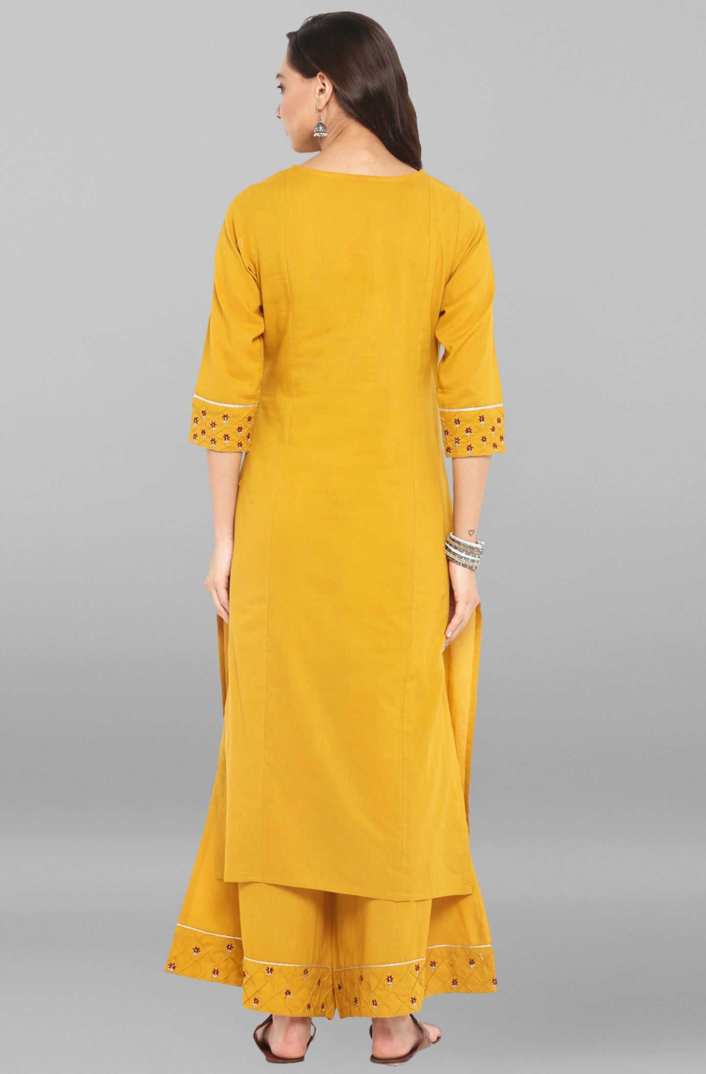 Janasya Women's Mustard Cotton Embroidered Kurta With Palazzo | Swadesiicart