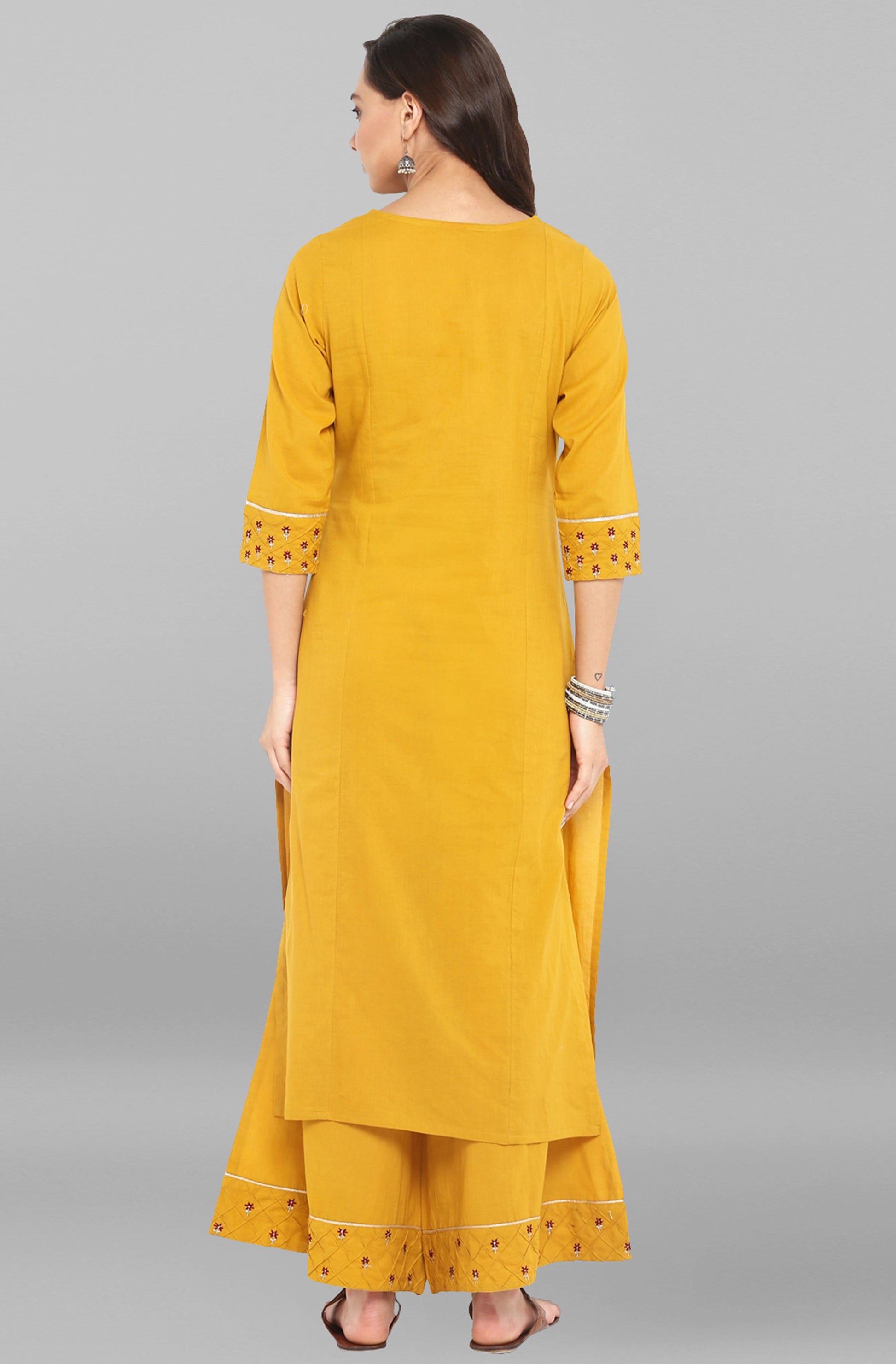 Janasya Women's Mustard Cotton Embroidered Kurta With Palazzo | Swadesiicart