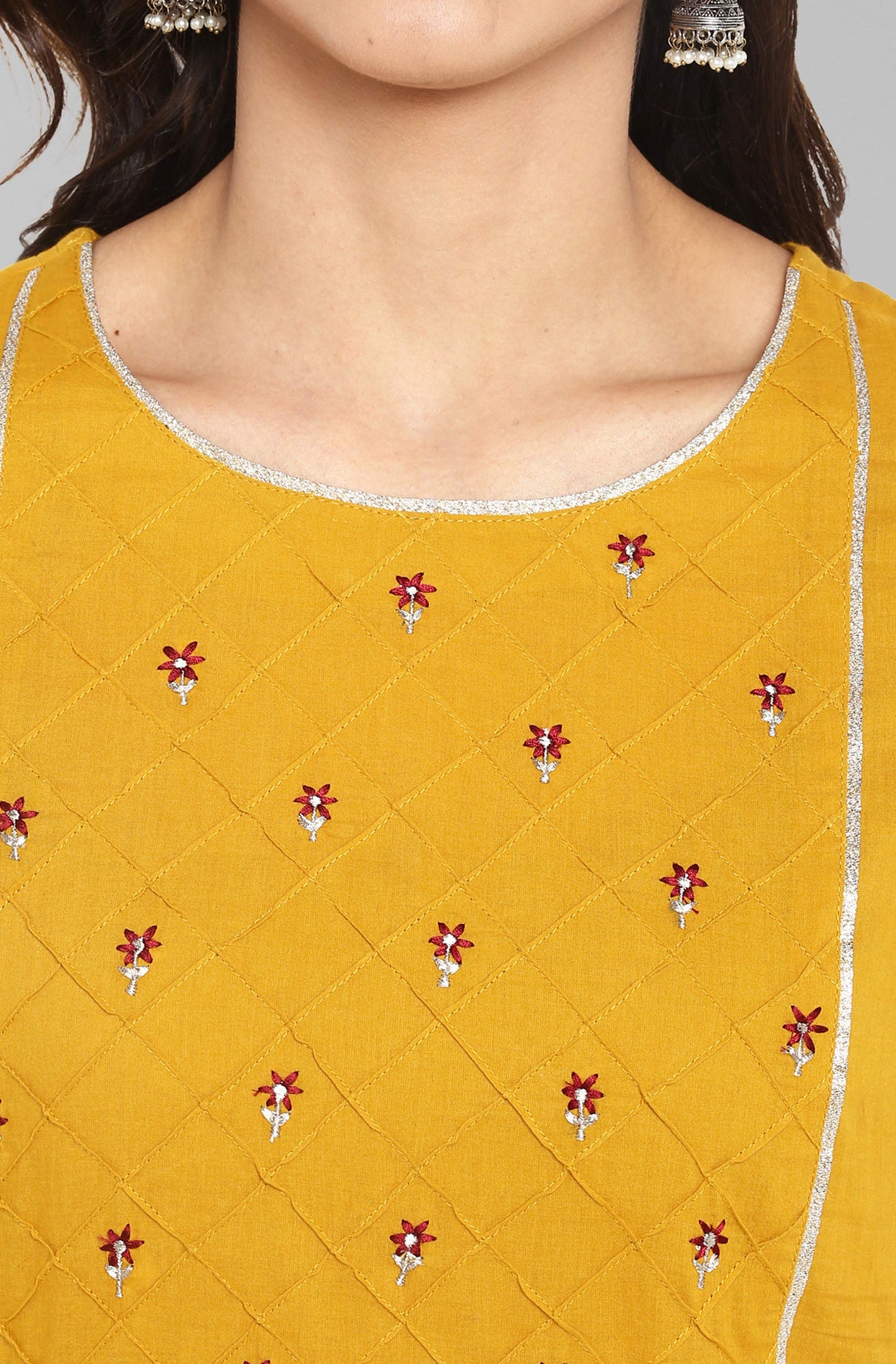 Janasya Women's Mustard Cotton Embroidered Kurta With Palazzo | Swadesiicart
