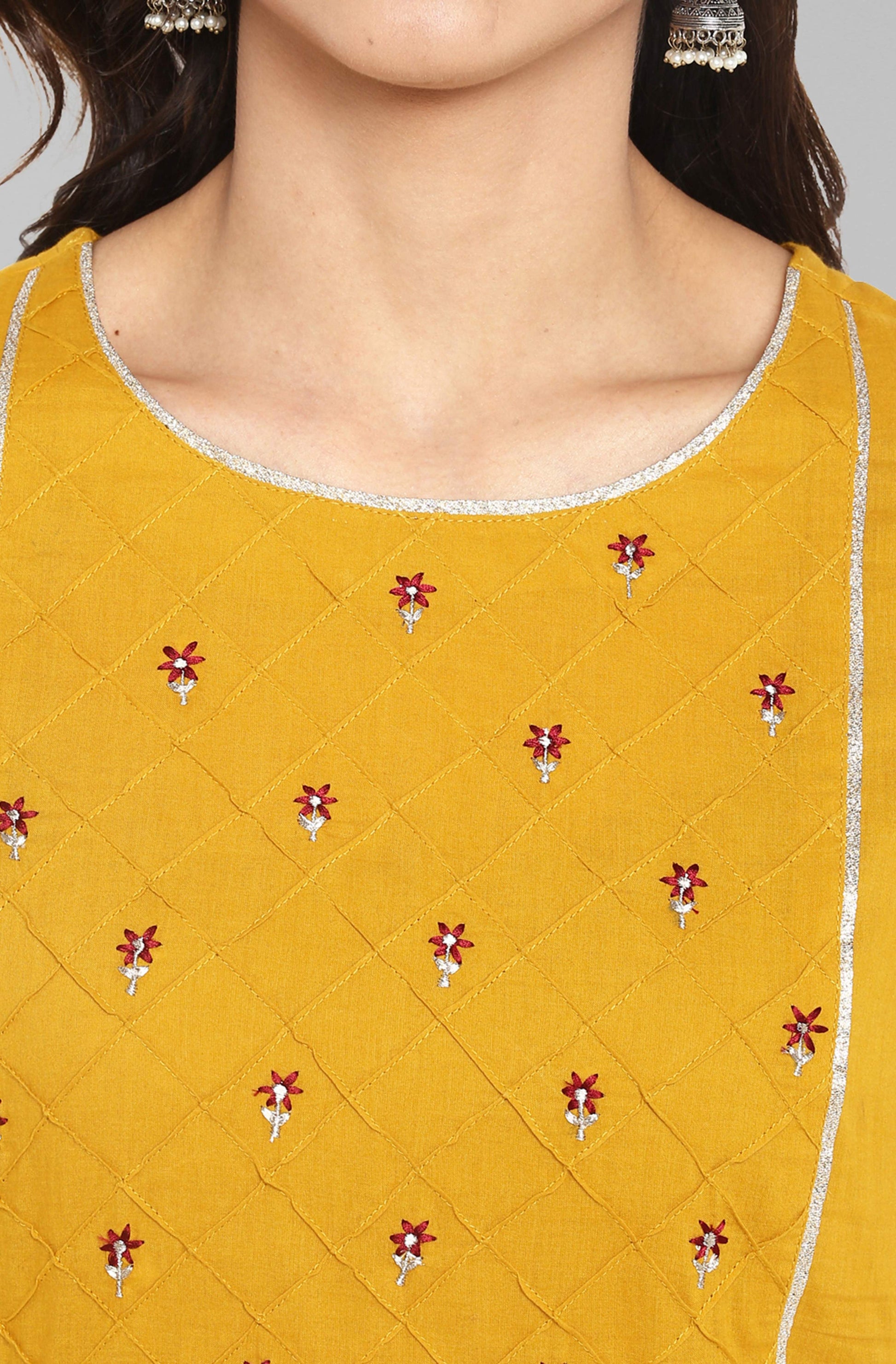 Janasya Women's Mustard Cotton Embroidered Kurta With Palazzo | Swadesiicart