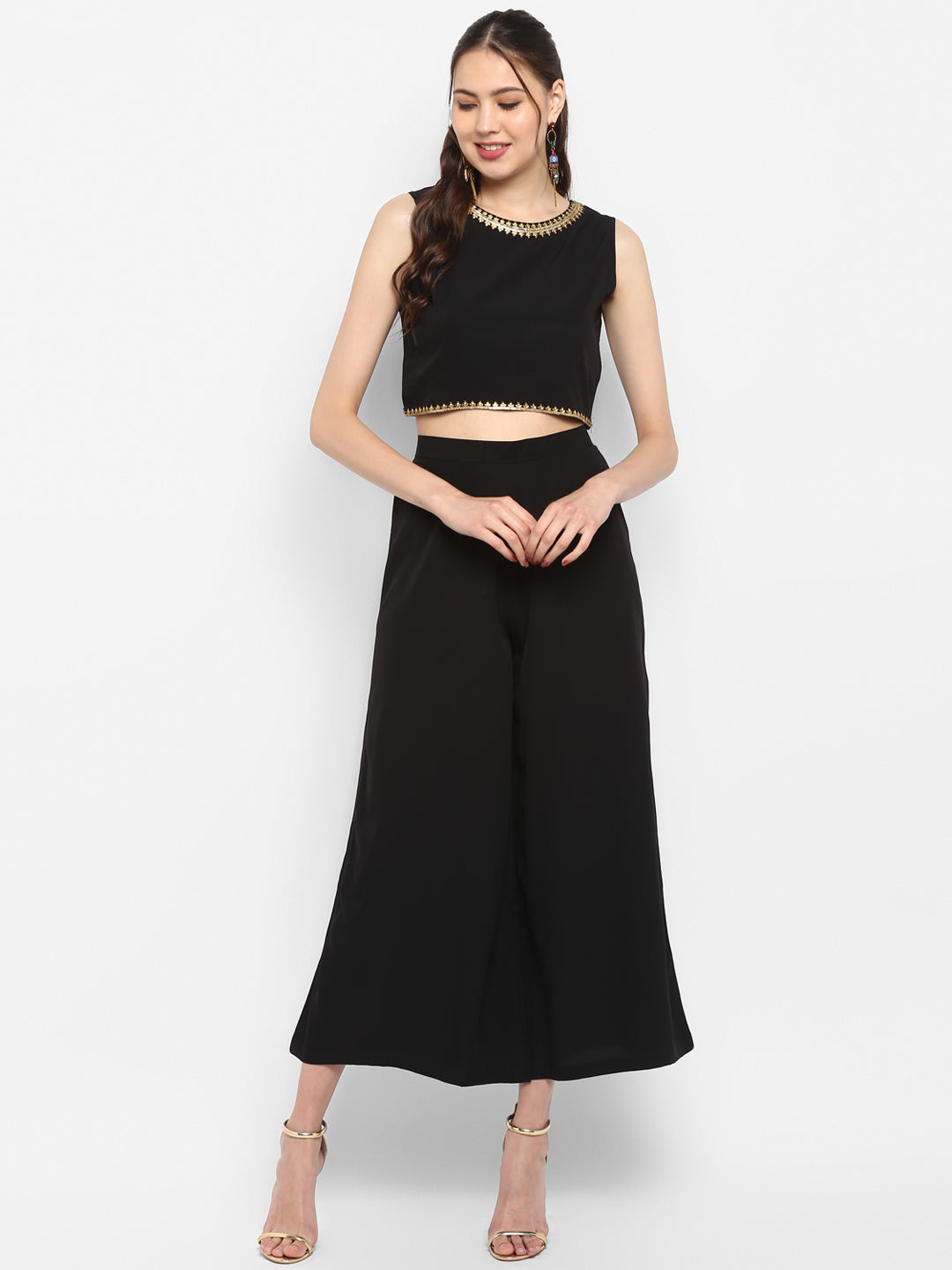Janasya Black Poly Crepe Gold Print Set | Swadesiicart