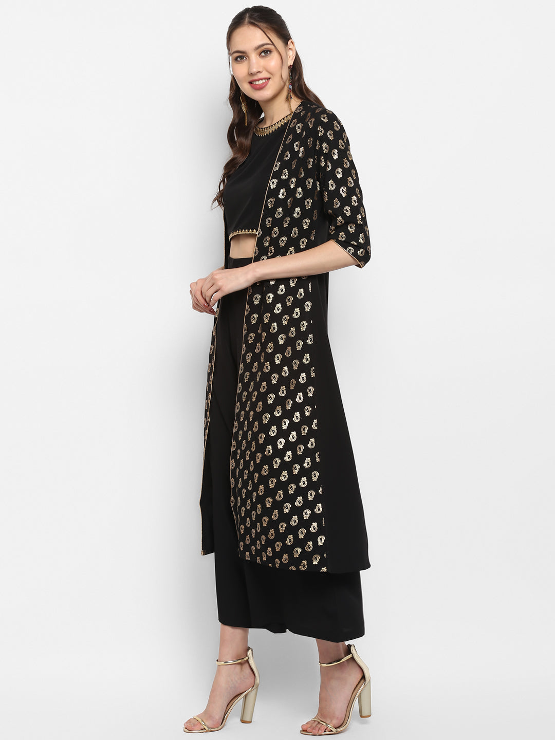 Janasya Black Poly Crepe Gold Print Set | Swadesiicart