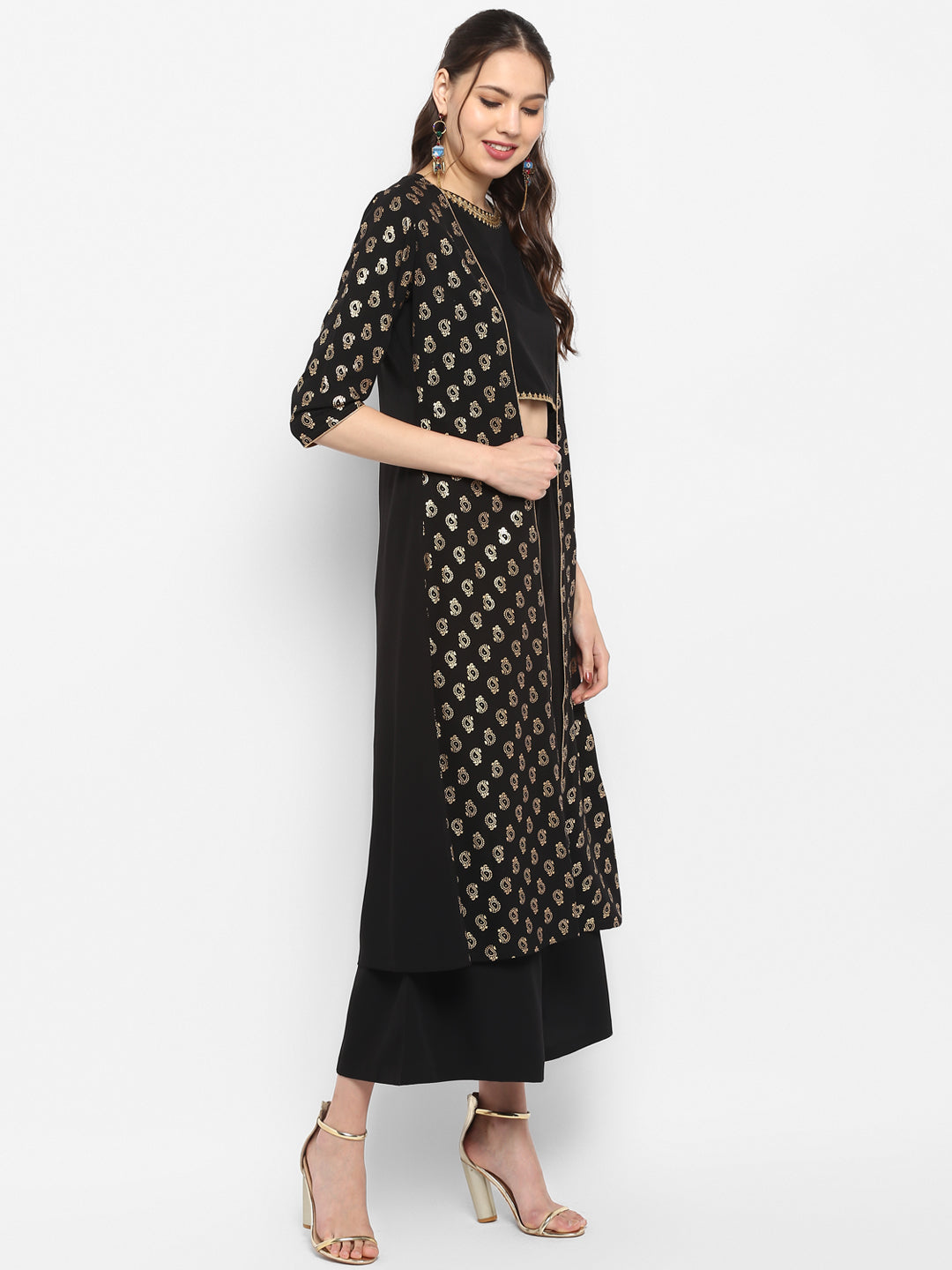 Janasya Black Poly Crepe Gold Print Set | Swadesiicart