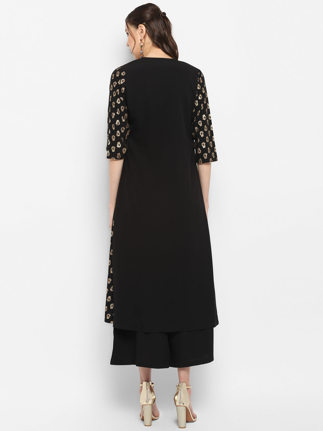 Janasya Black Poly Crepe Gold Print Set | Swadesiicart