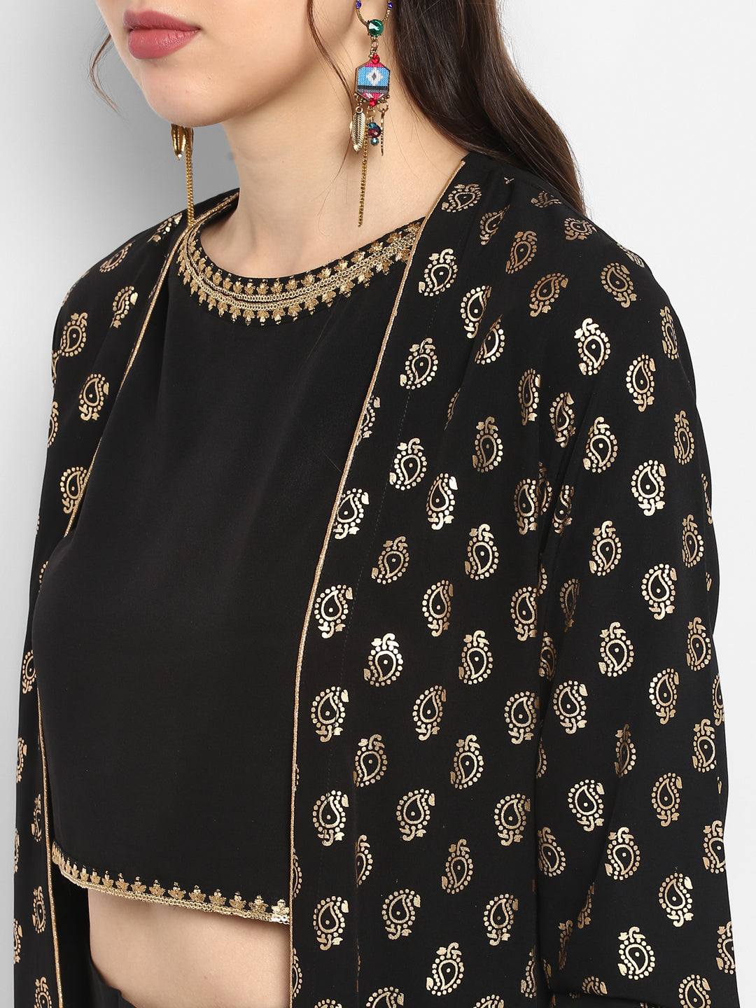 Janasya Black Poly Crepe Gold Print Set | Swadesiicart
