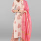 Janasya Women's Lilac Cotton Block Print Kurta With Palazzo And Dupatta | Swadesiicart