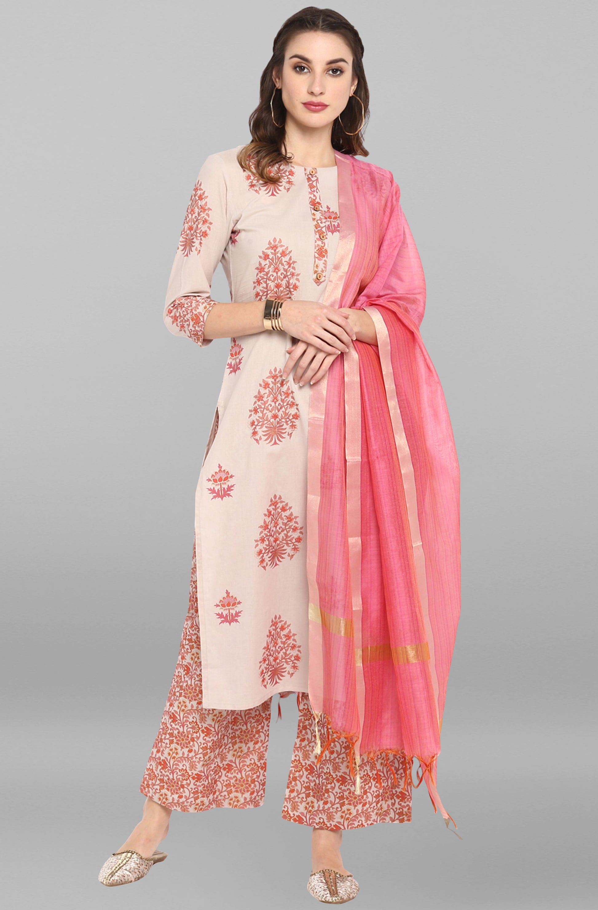 Janasya Women's Lilac Cotton Block Print Kurta With Palazzo And Dupatta | Swadesiicart
