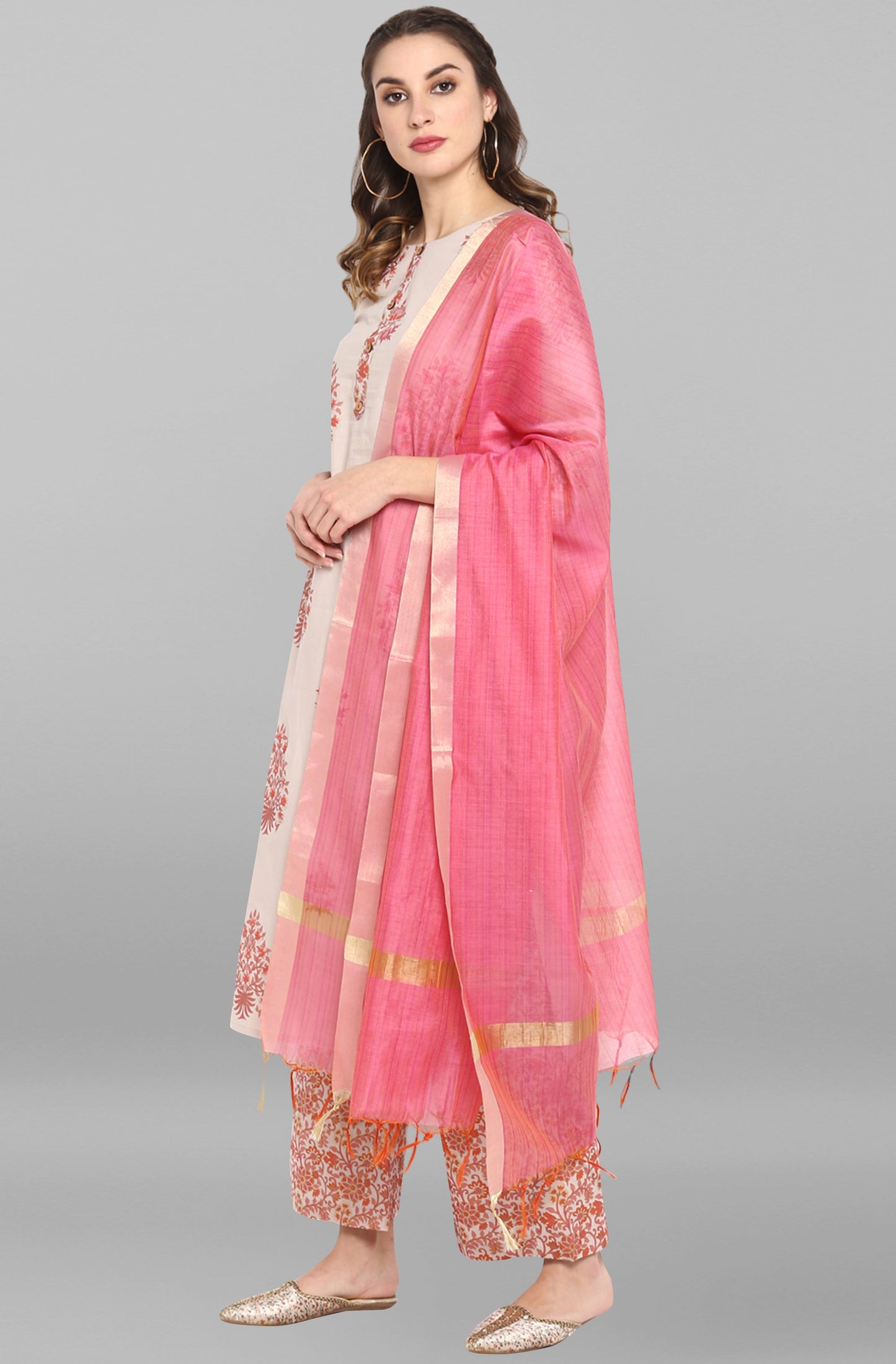 Janasya Women's Lilac Cotton Block Print Kurta With Palazzo And Dupatta | Swadesiicart