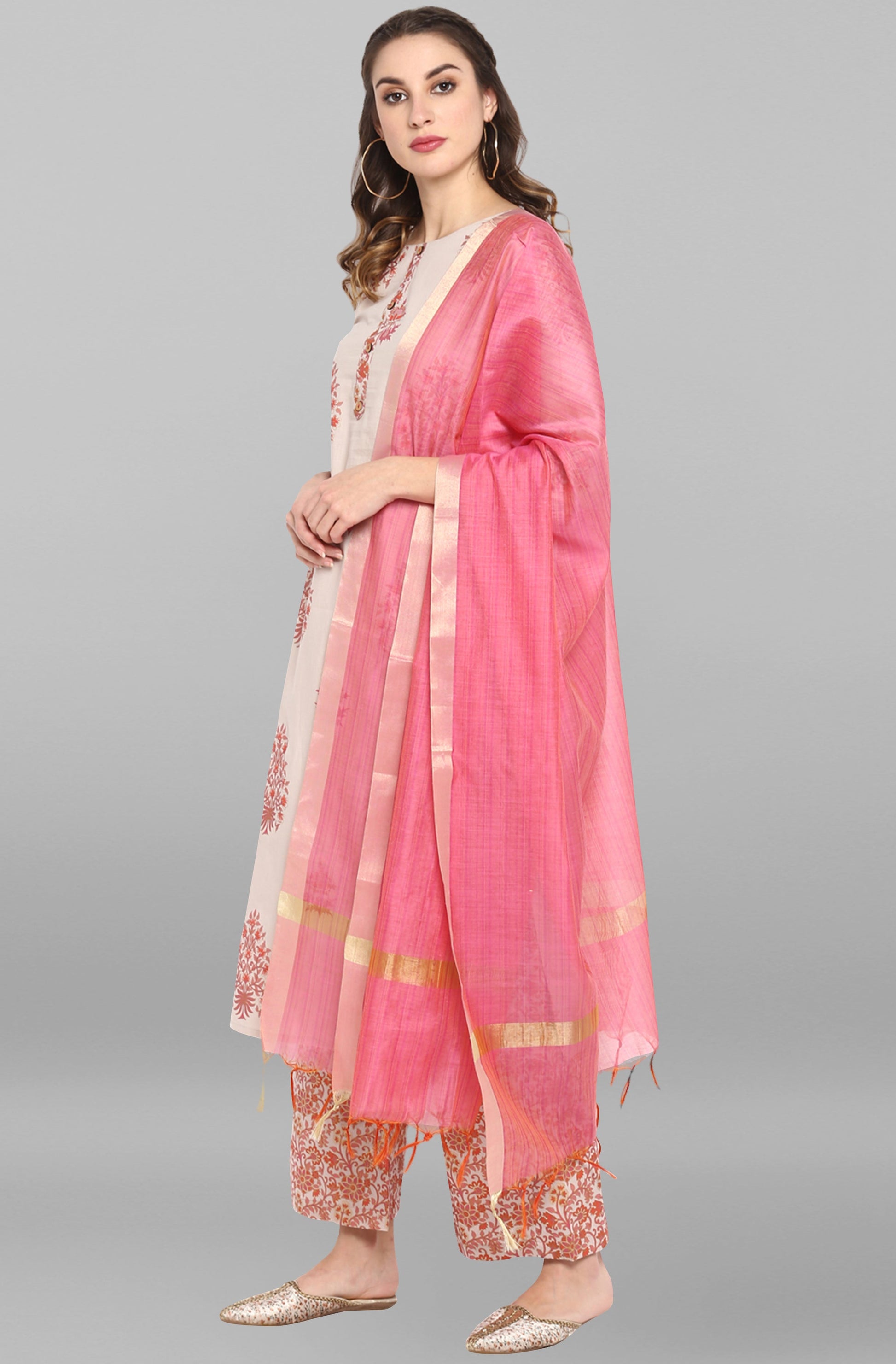 Janasya Women's Lilac Cotton Block Print Kurta With Palazzo And Dupatta | Swadesiicart