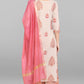 Janasya Women's Lilac Cotton Block Print Kurta With Palazzo And Dupatta | Swadesiicart