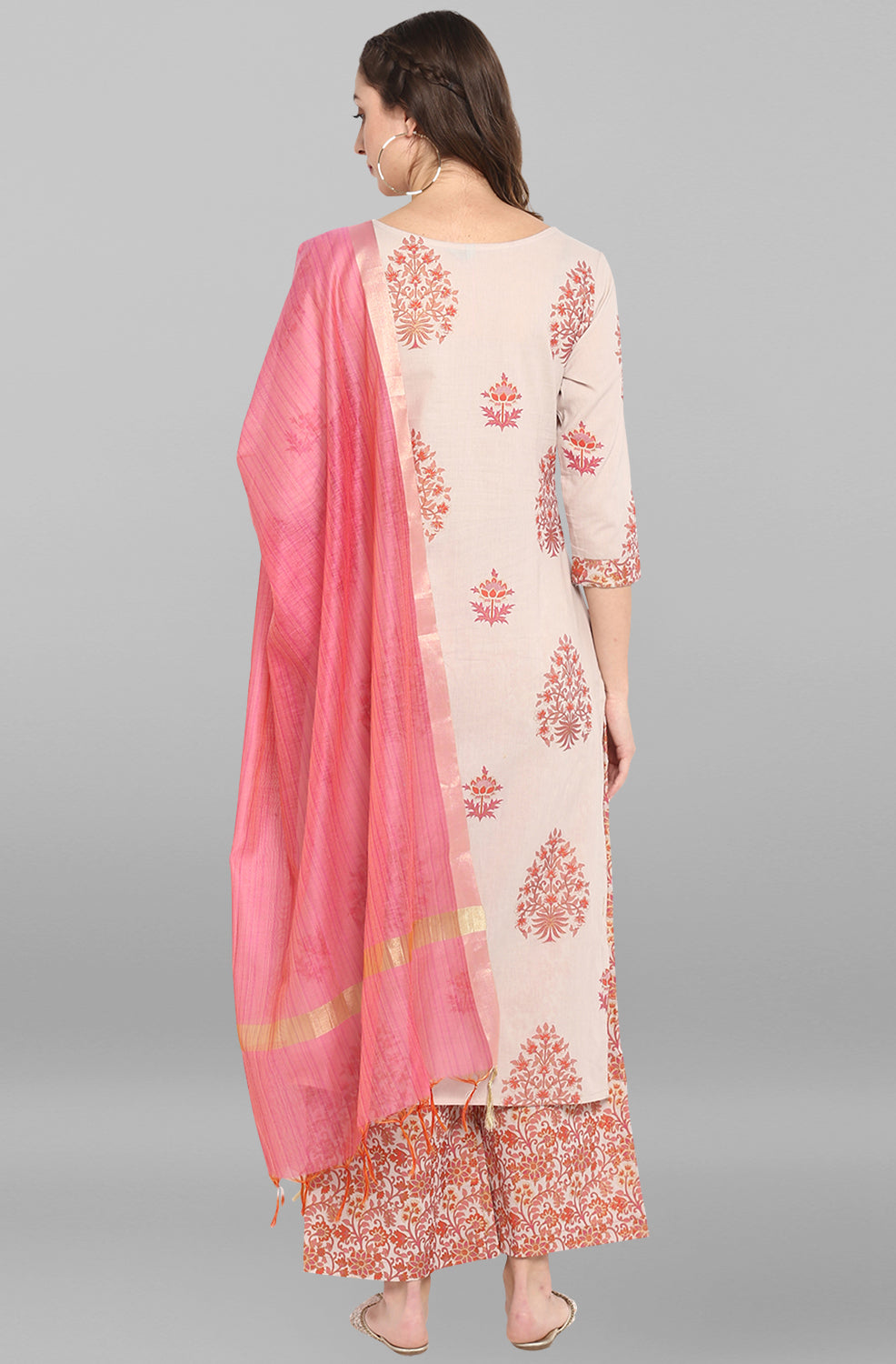 Janasya Women's Lilac Cotton Block Print Kurta With Palazzo And Dupatta | Swadesiicart