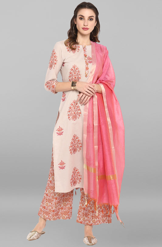 Janasya Women's Lilac Cotton Block Print Kurta With Palazzo And Dupatta | Swadesiicart