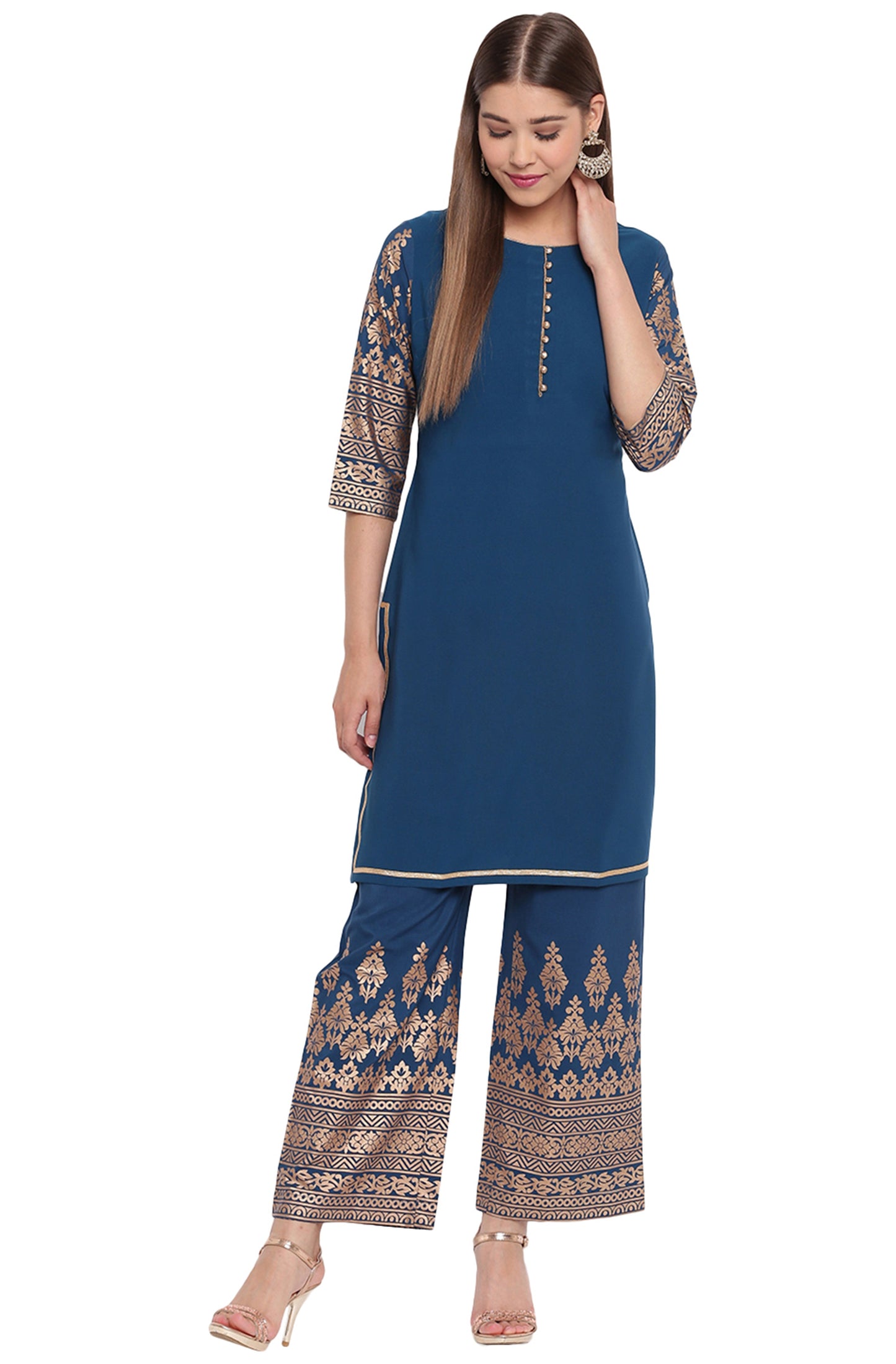 Janasya Teal Poly Crepe Printed Set | Swadesiicart