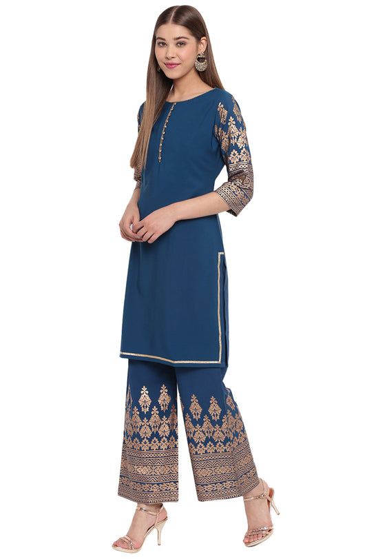 Janasya Teal Poly Crepe Printed Set | Swadesiicart