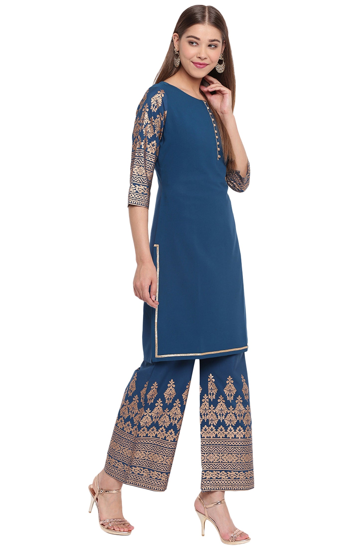 Janasya Teal Poly Crepe Printed Set | Swadesiicart