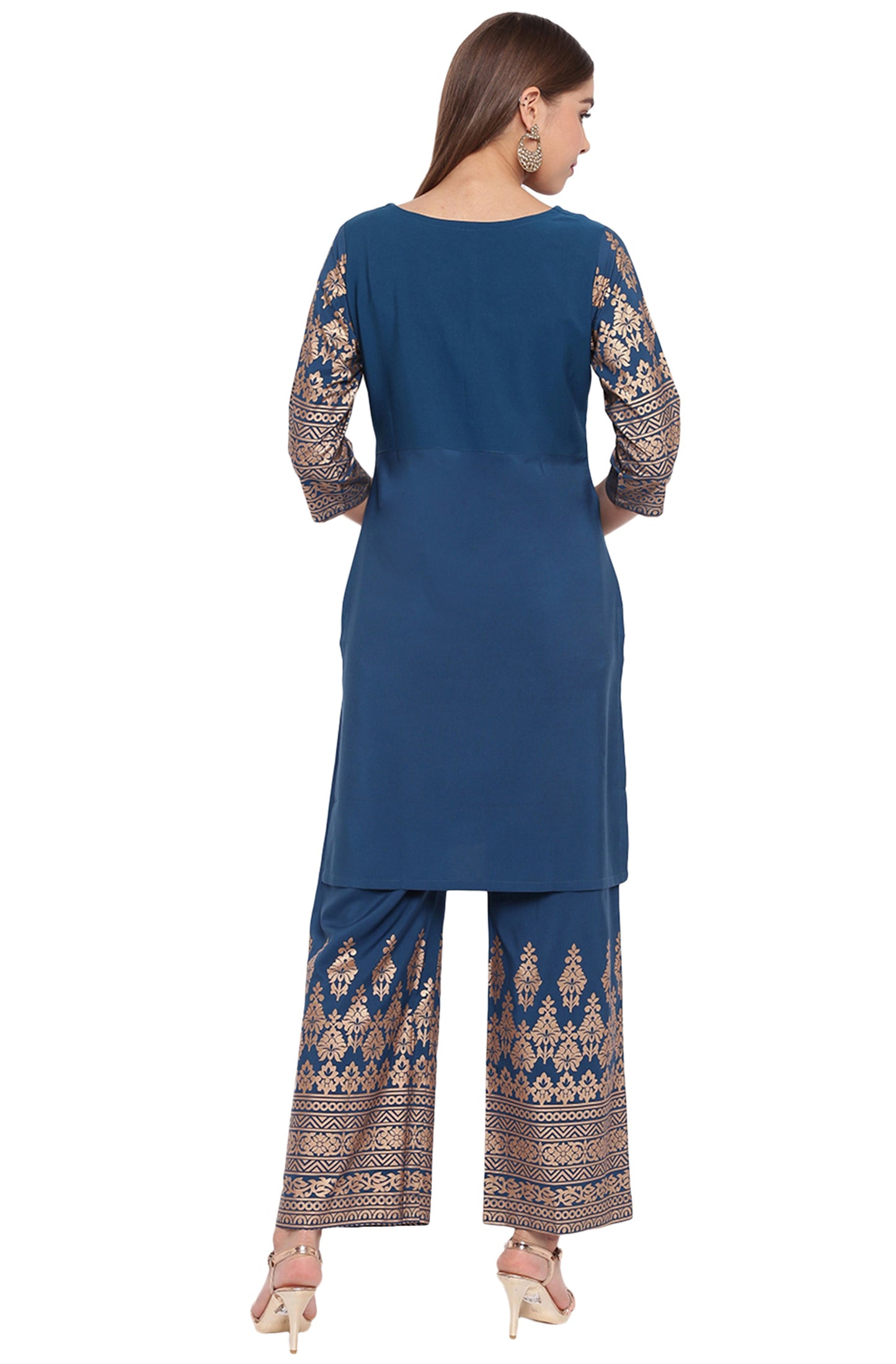 Janasya Teal Poly Crepe Printed Set | Swadesiicart