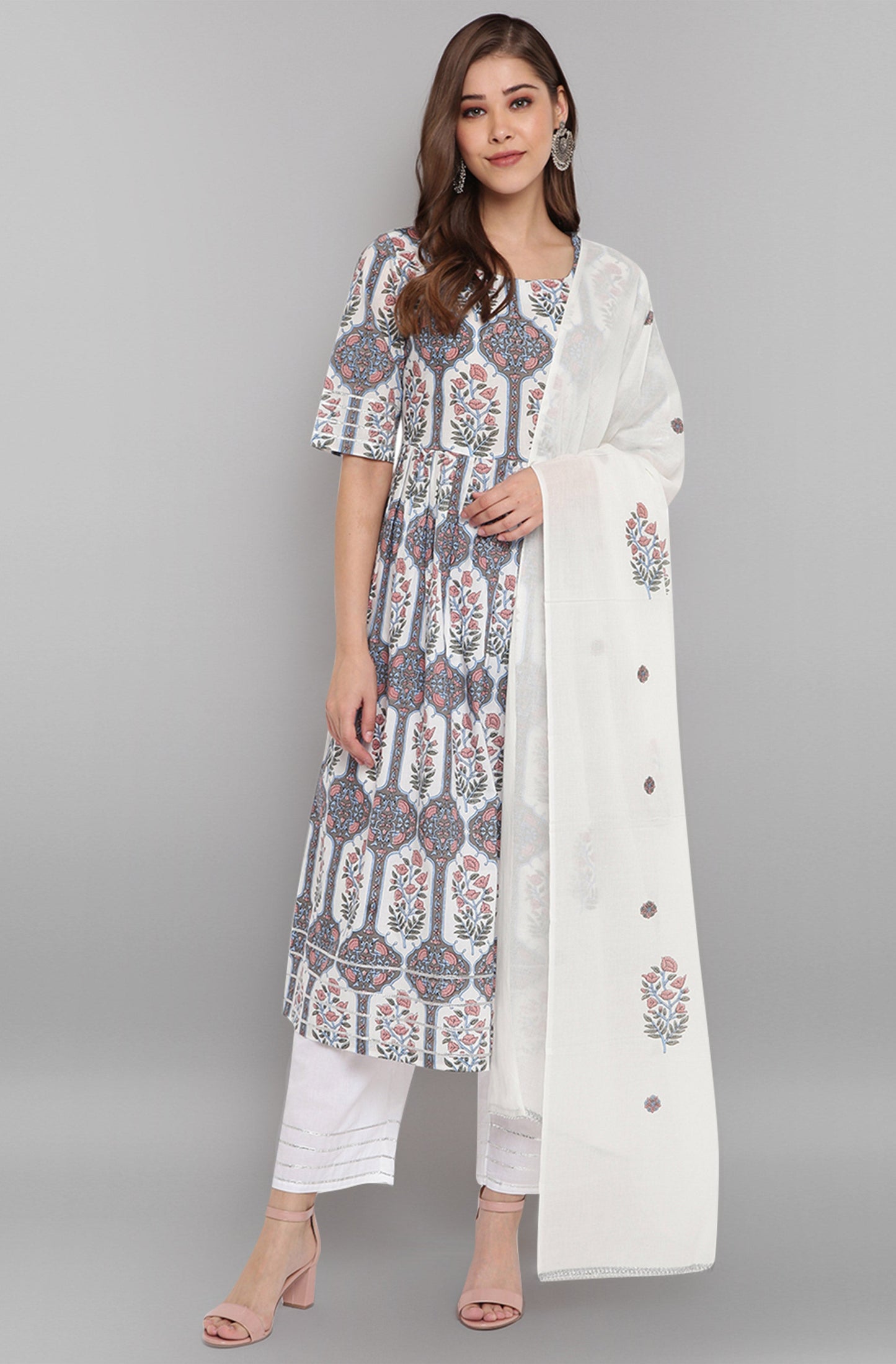 Janasya Women's White Cotton Botanical Print Kurta With Palazzo And Dupatta | Swadesiicart