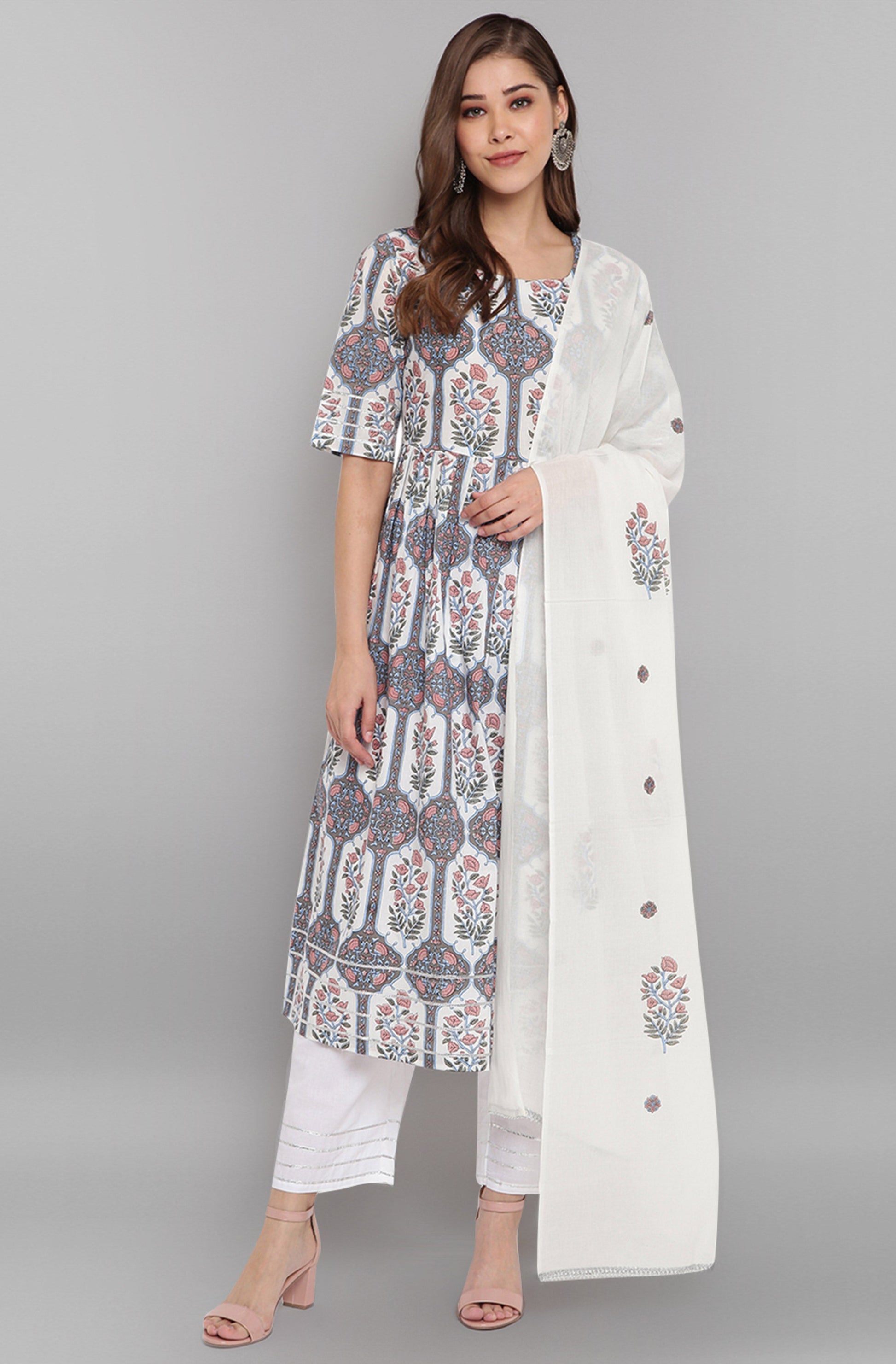 Janasya Women's White Cotton Botanical Print Kurta With Palazzo And Dupatta | Swadesiicart