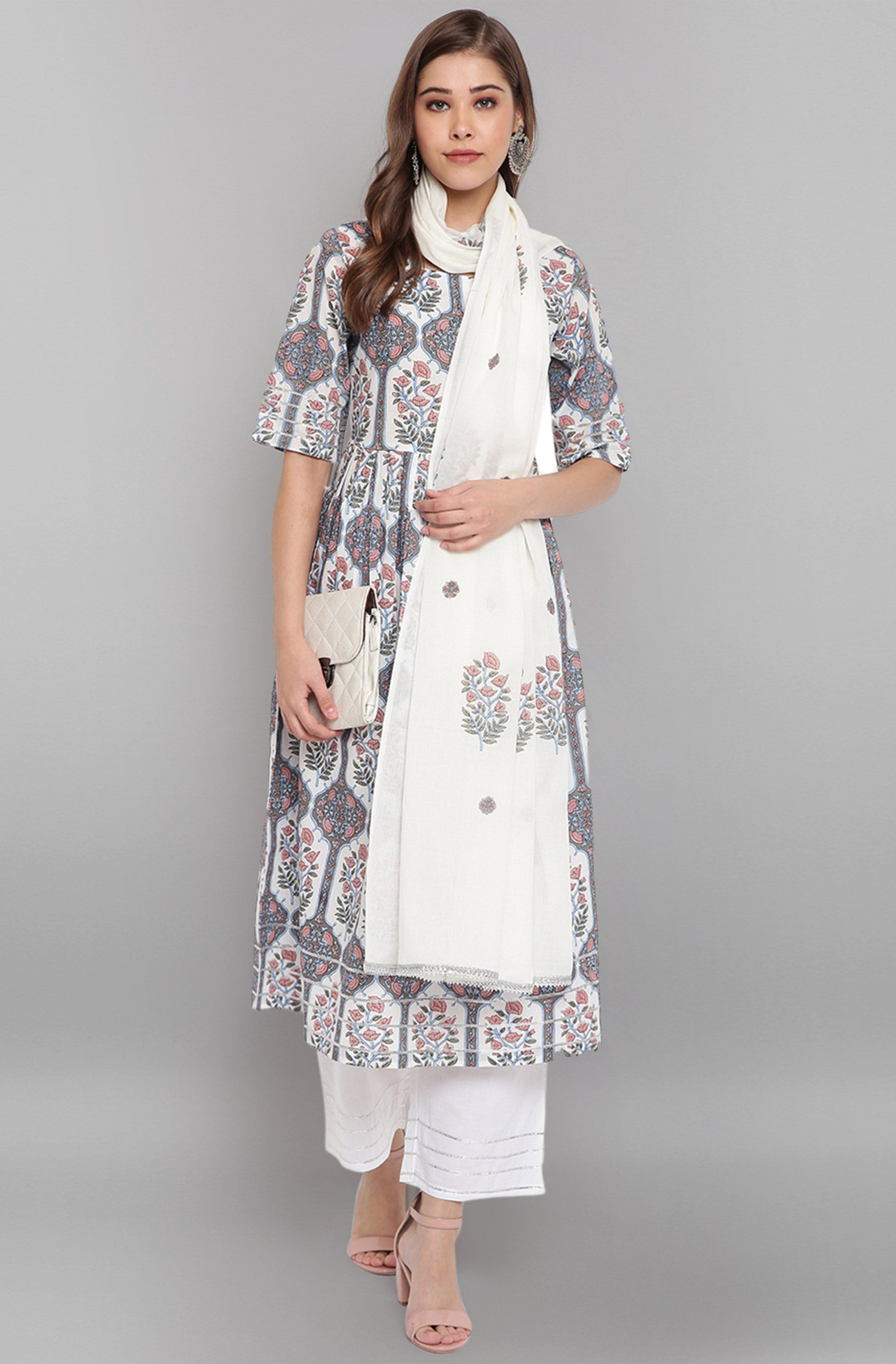 Janasya Women's White Cotton Botanical Print Kurta With Palazzo And Dupatta | Swadesiicart
