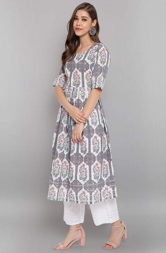 Janasya Women's White Cotton Botanical Print Kurta With Palazzo And Dupatta | Swadesiicart
