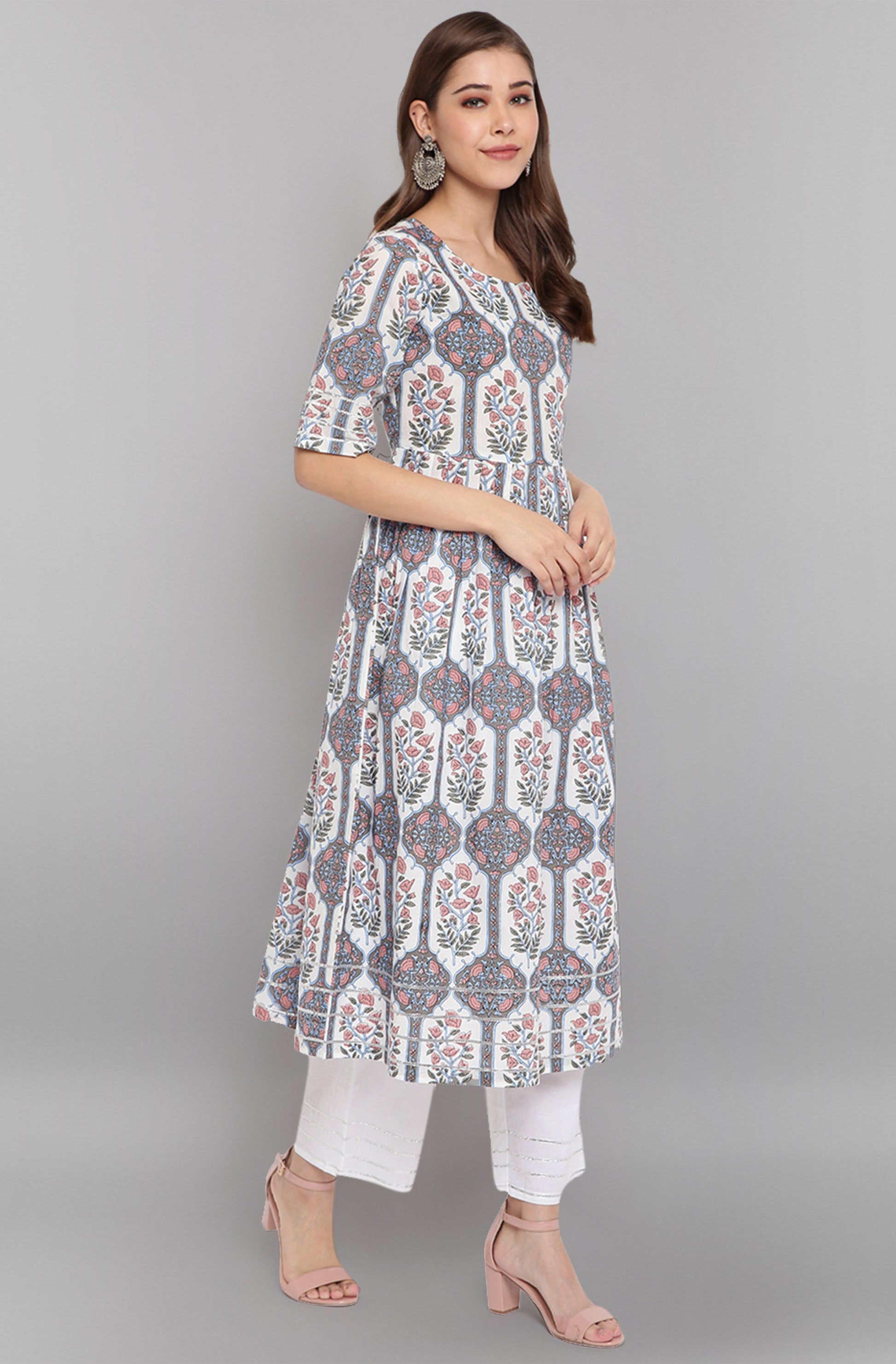 Janasya Women's White Cotton Botanical Print Kurta With Palazzo And Dupatta | Swadesiicart