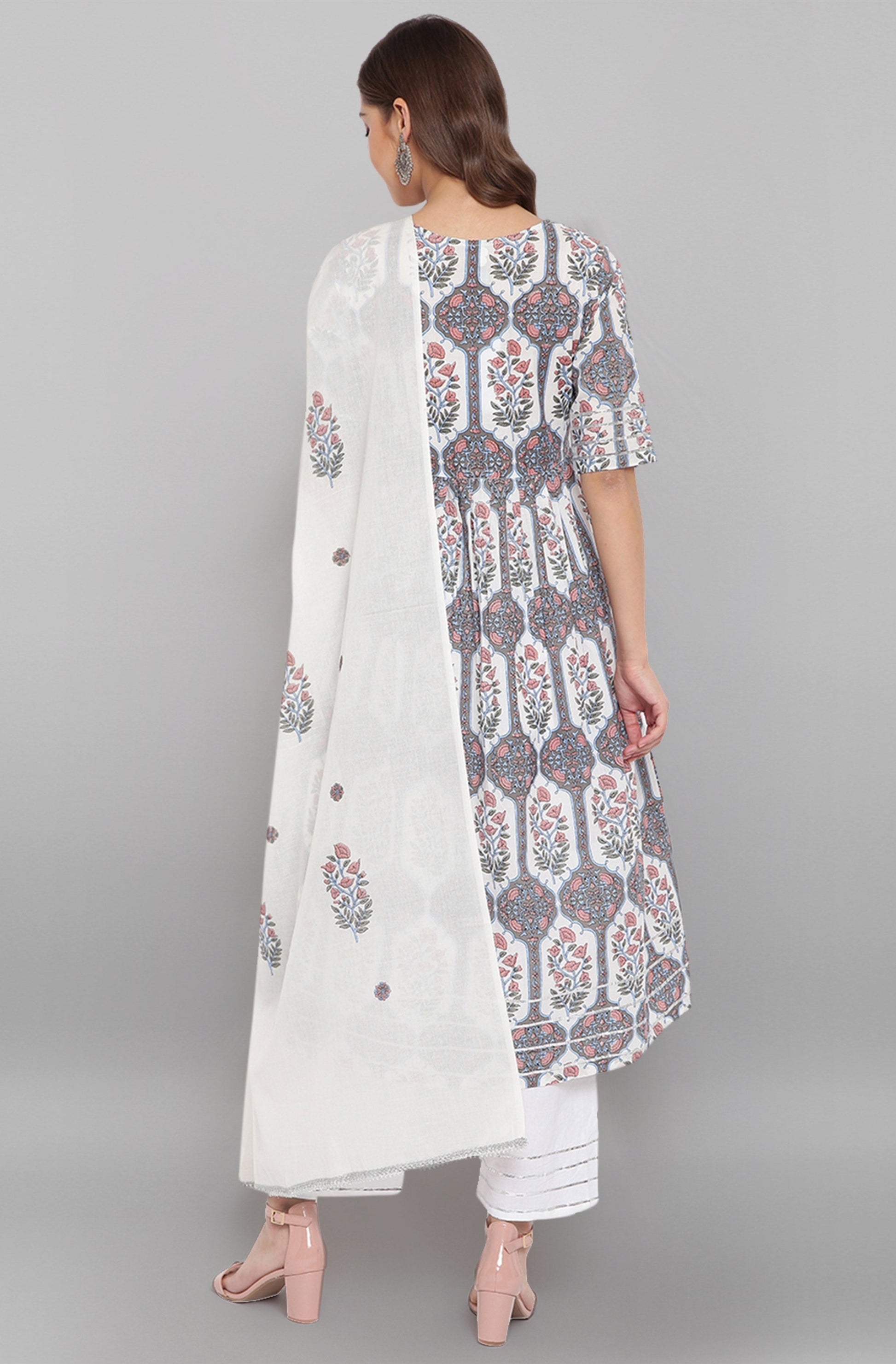 Janasya Women's White Cotton Botanical Print Kurta With Palazzo And Dupatta | Swadesiicart