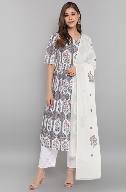 Janasya Women's White Cotton Botanical Print Kurta With Palazzo And Dupatta | Swadesiicart