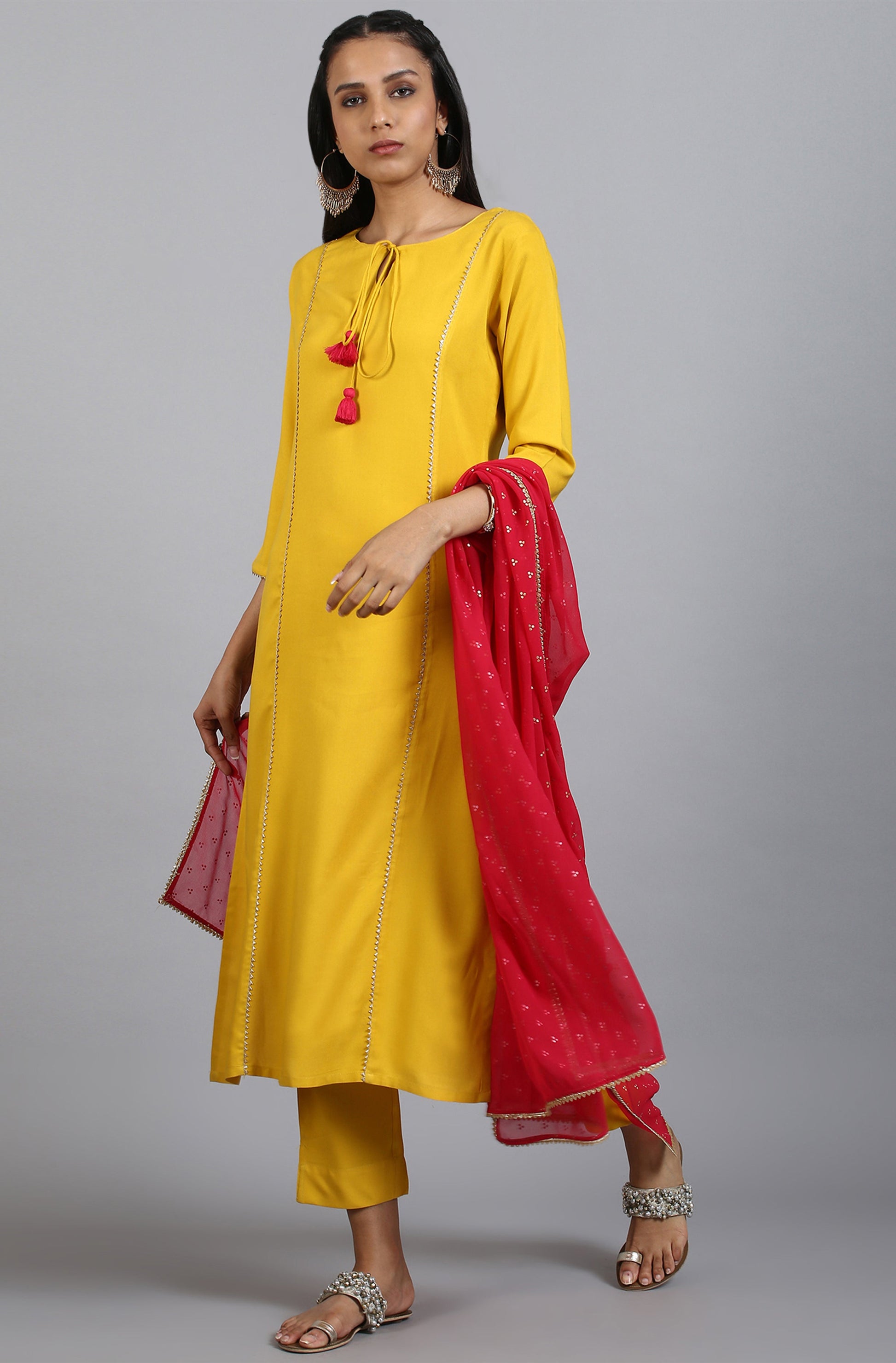 Janasya Women's Mustard Rayon Solid Kurta With Pant And Dupatta | Swadesiicart
