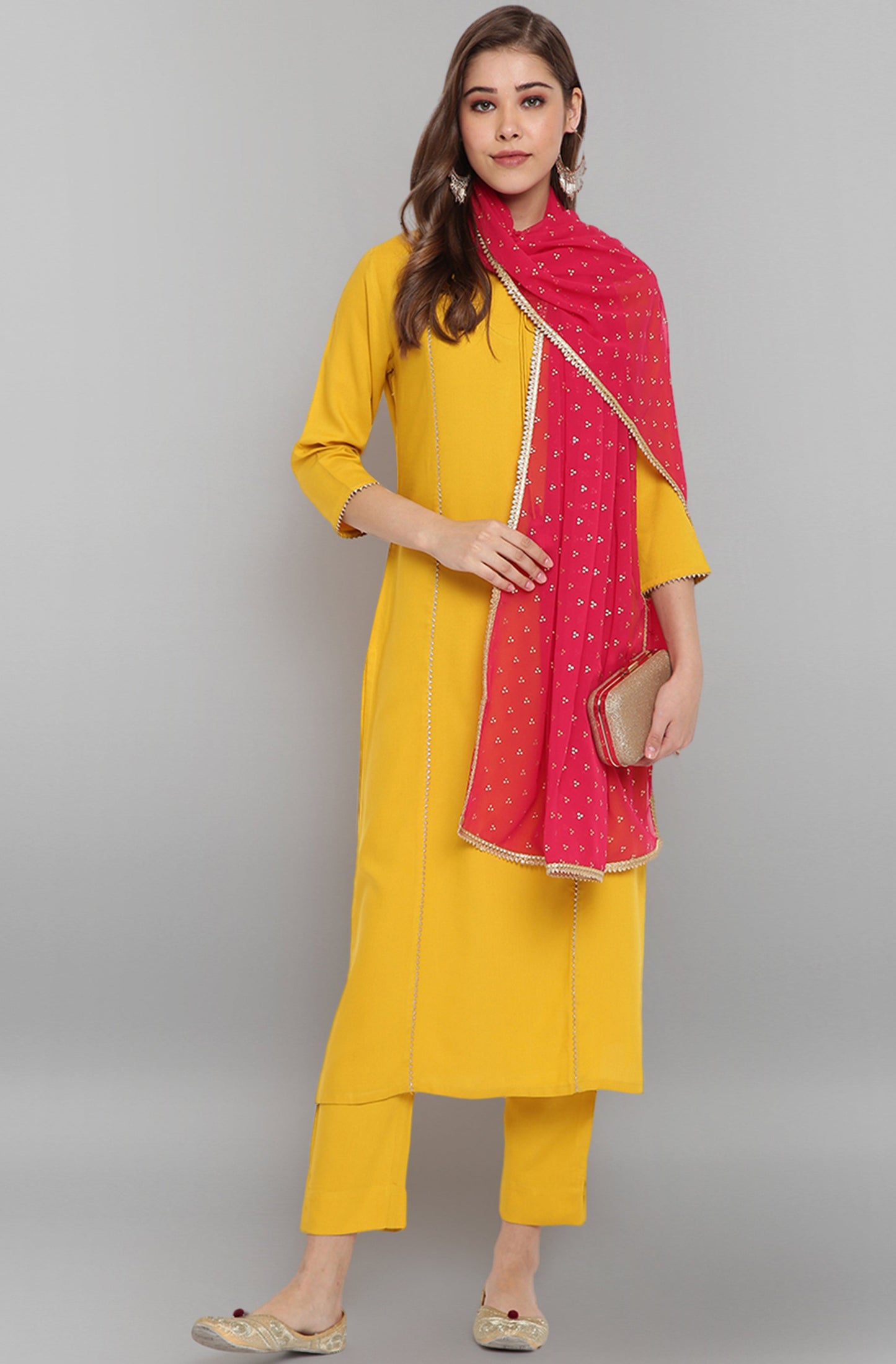 Janasya Women's Mustard Rayon Solid Kurta With Pant And Dupatta | Swadesiicart