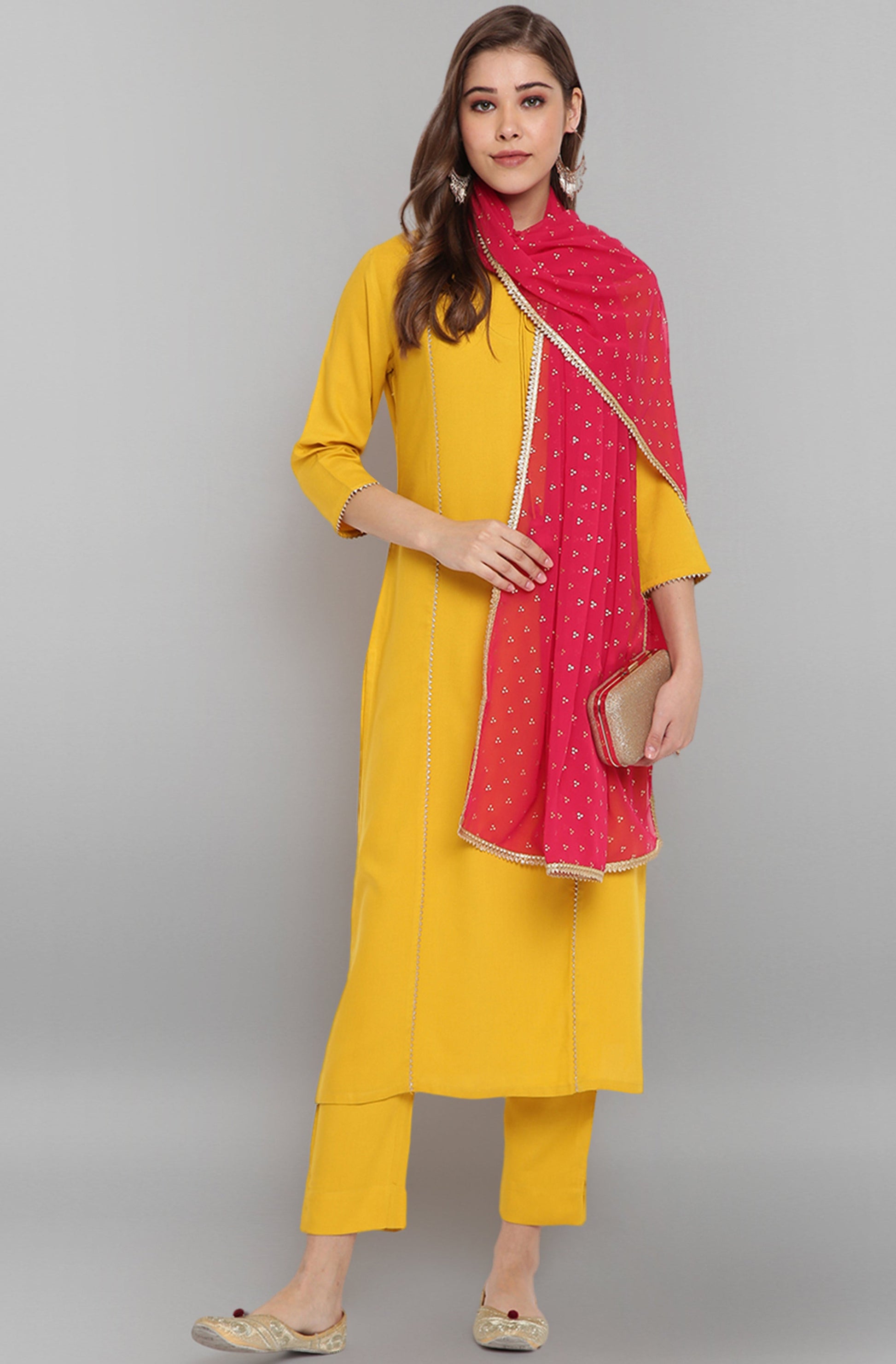Janasya Women's Mustard Rayon Solid Kurta With Pant And Dupatta | Swadesiicart