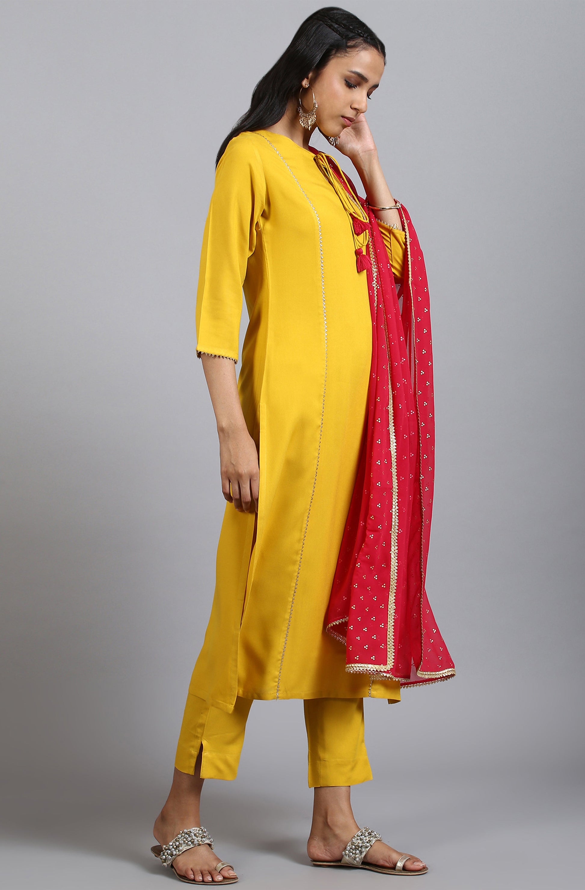Janasya Women's Mustard Rayon Solid Kurta With Pant And Dupatta | Swadesiicart